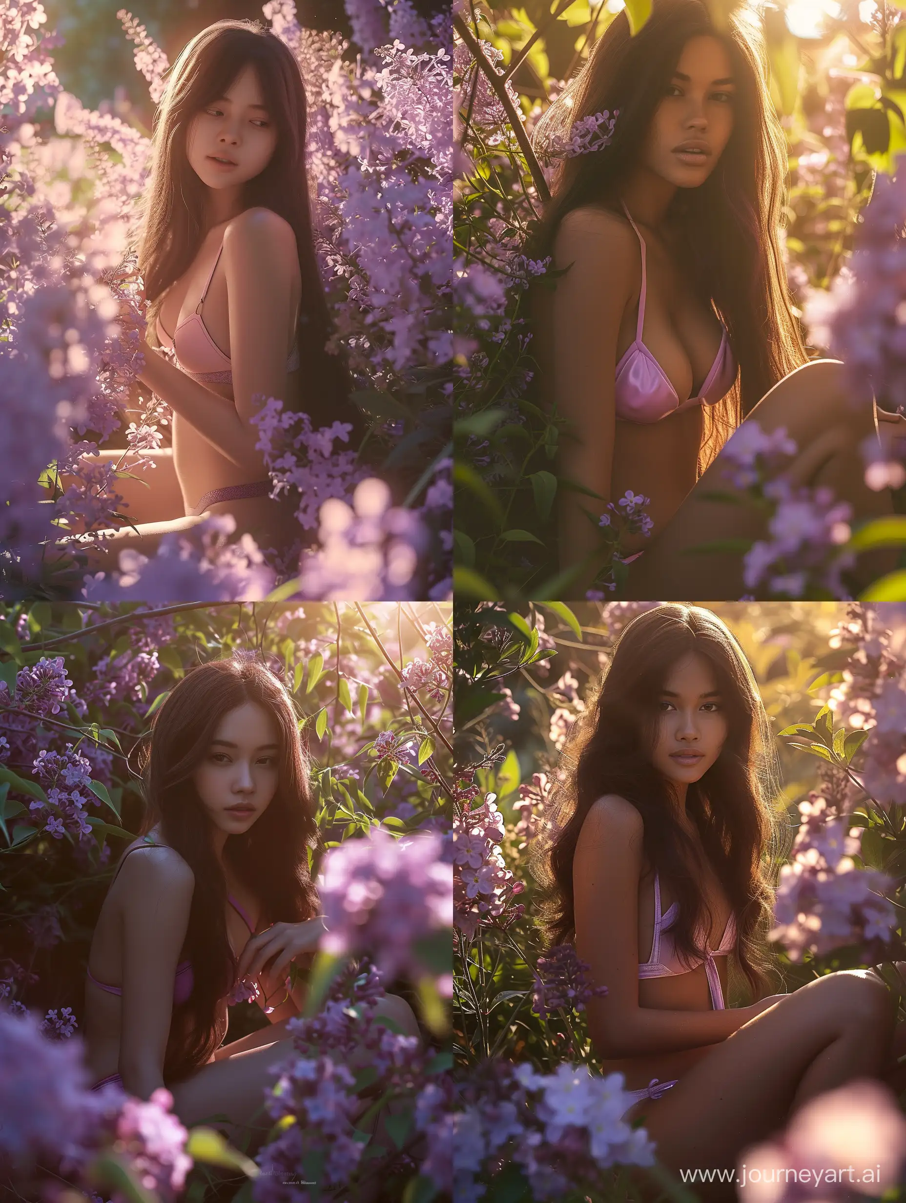Graceful-Woman-Enjoying-Sunshine-Amidst-Flowers-in-Lilac-Bikini
