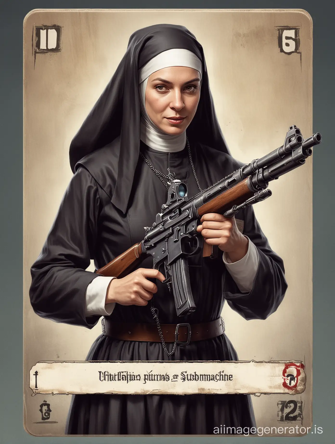create a board game card depicting a nun with a submachine gun