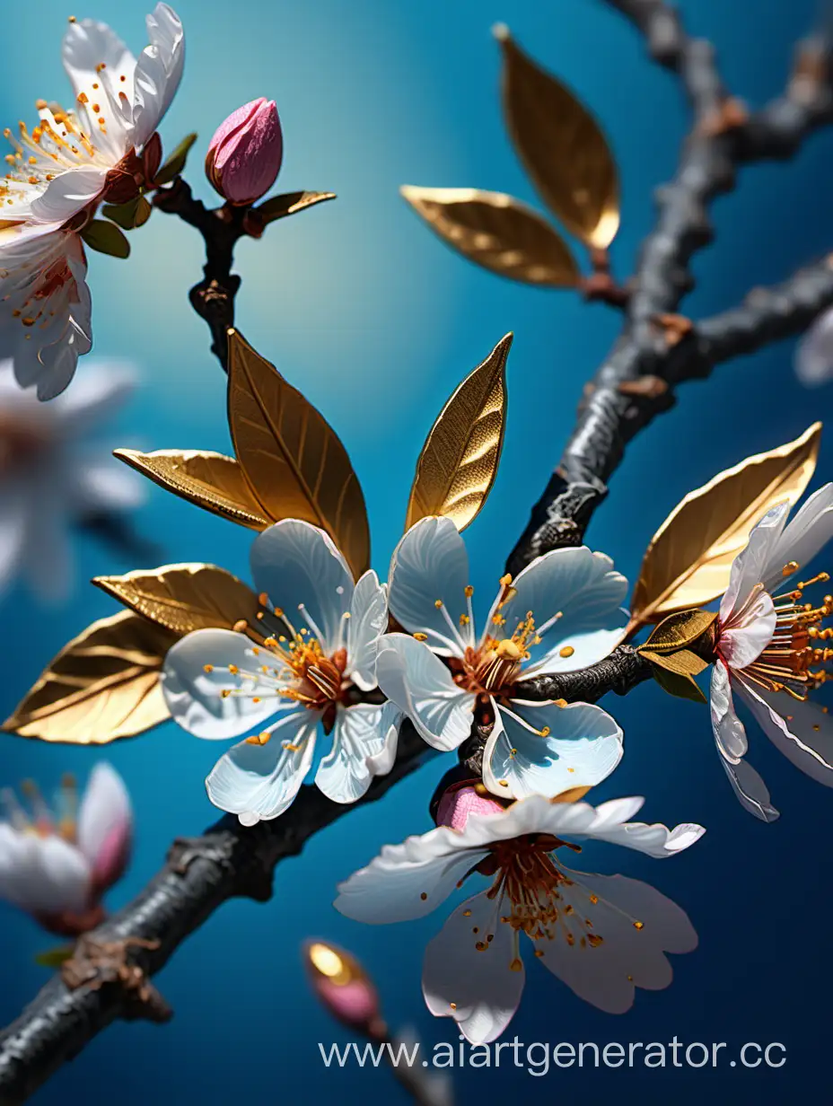 Almond Blossom 8k with details blue and gold background
