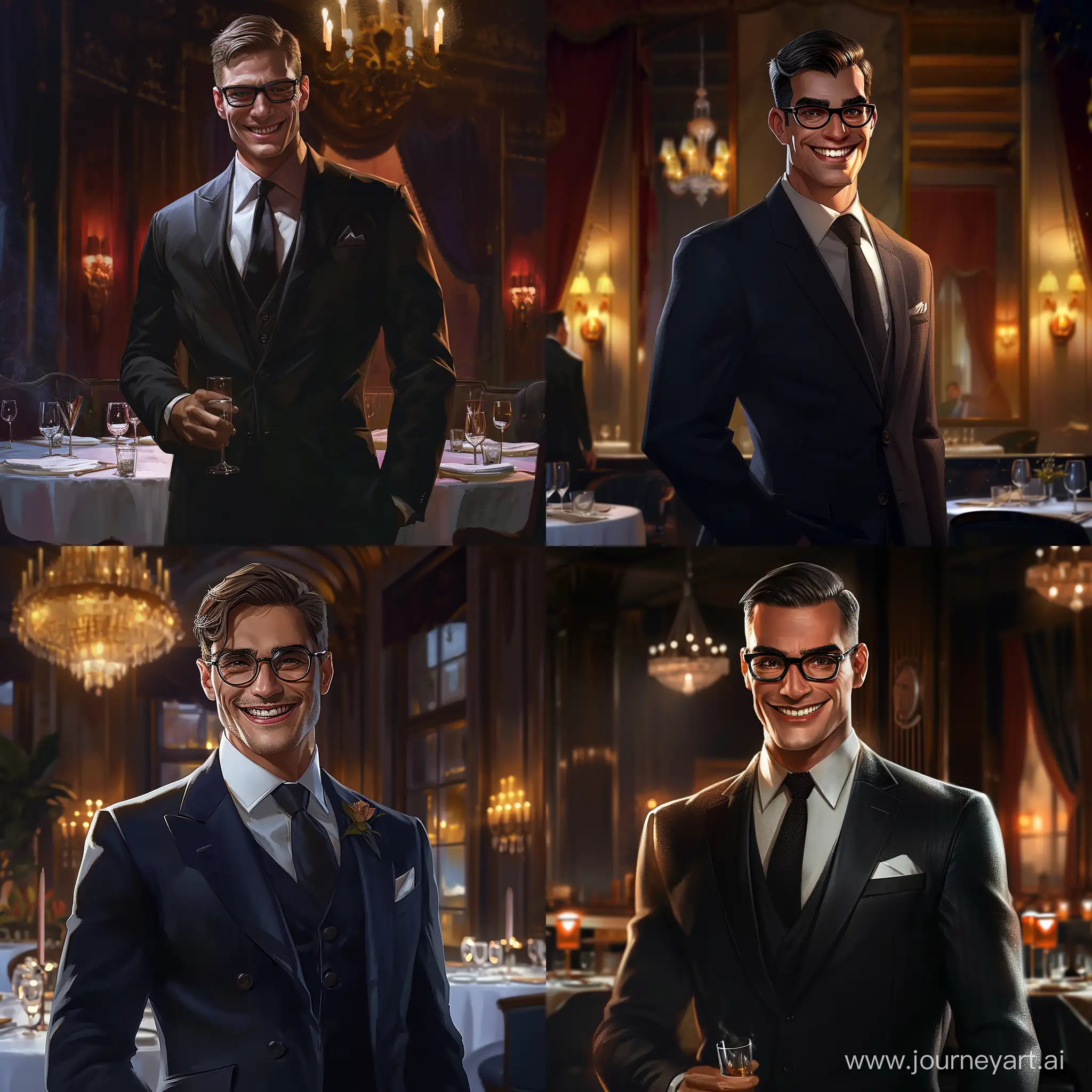 short haircut, strong charming handsome man, evil grin, elegant young scientist, elite, style, young businessman, tall, 25 years old, business suit, glasses, realism, character design, Zack Snyder style, expensive restaurant, evening