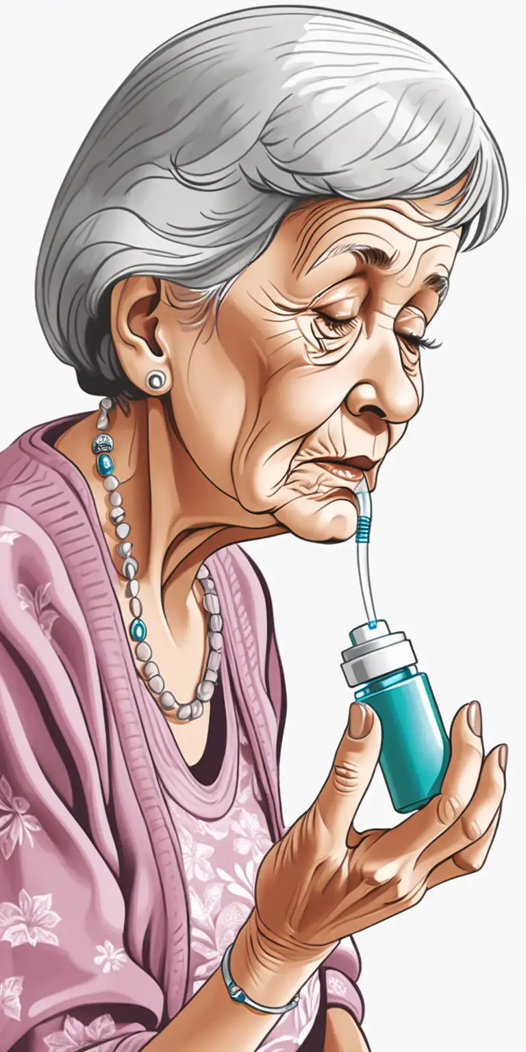 illustration of an 84 years old woman stress holding a rescue inhaler.


