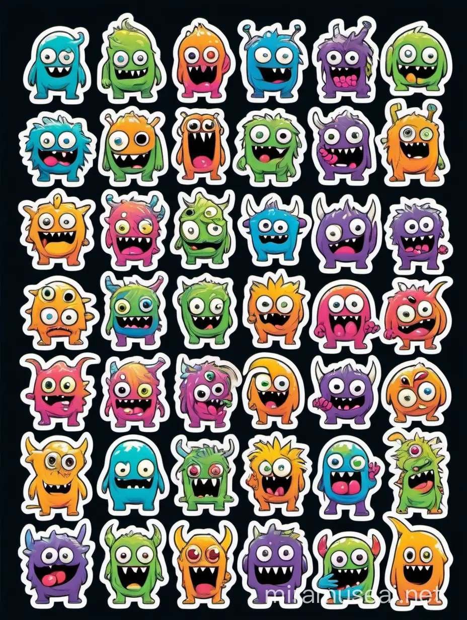 generate an image of A collage of monster stickers, with no white outline
