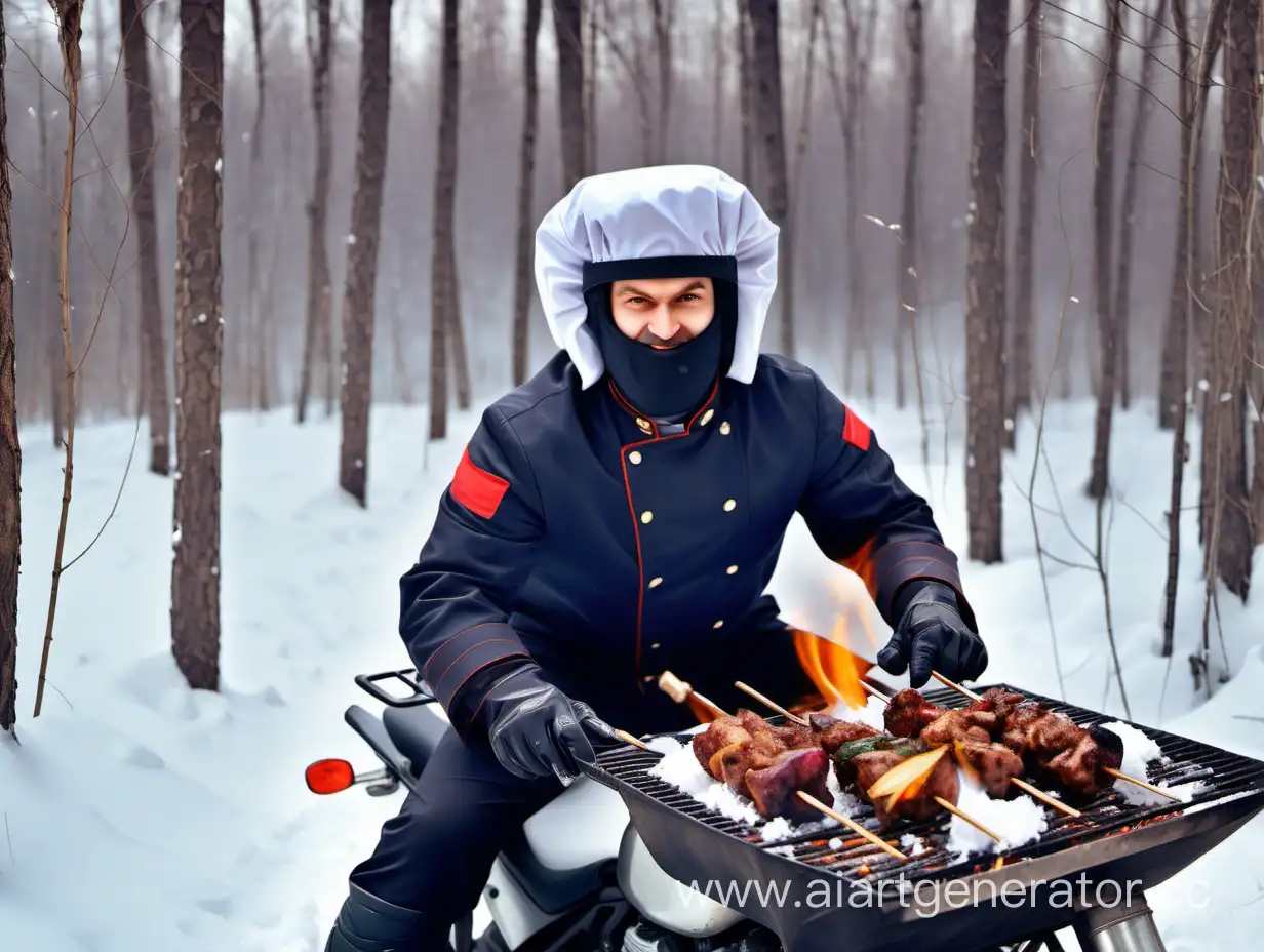 Motorcycle-Helmet-Shashlik-Chef-Grilling-in-Snowy-Forest-Glade