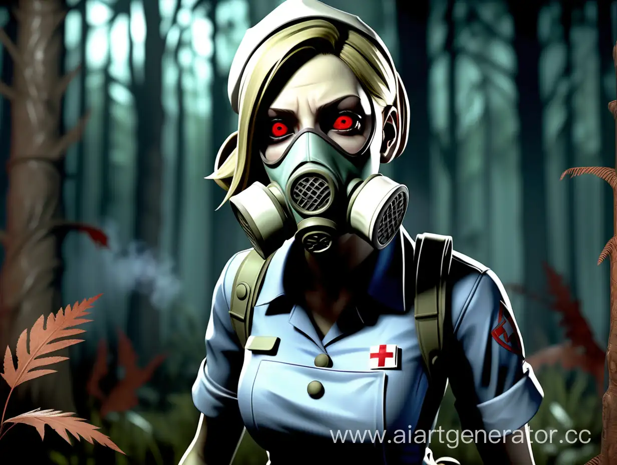 Dead-by-Daylight-Killer-Nurse-in-Gas-Mask-with-Jill-Valentine-in-Forest