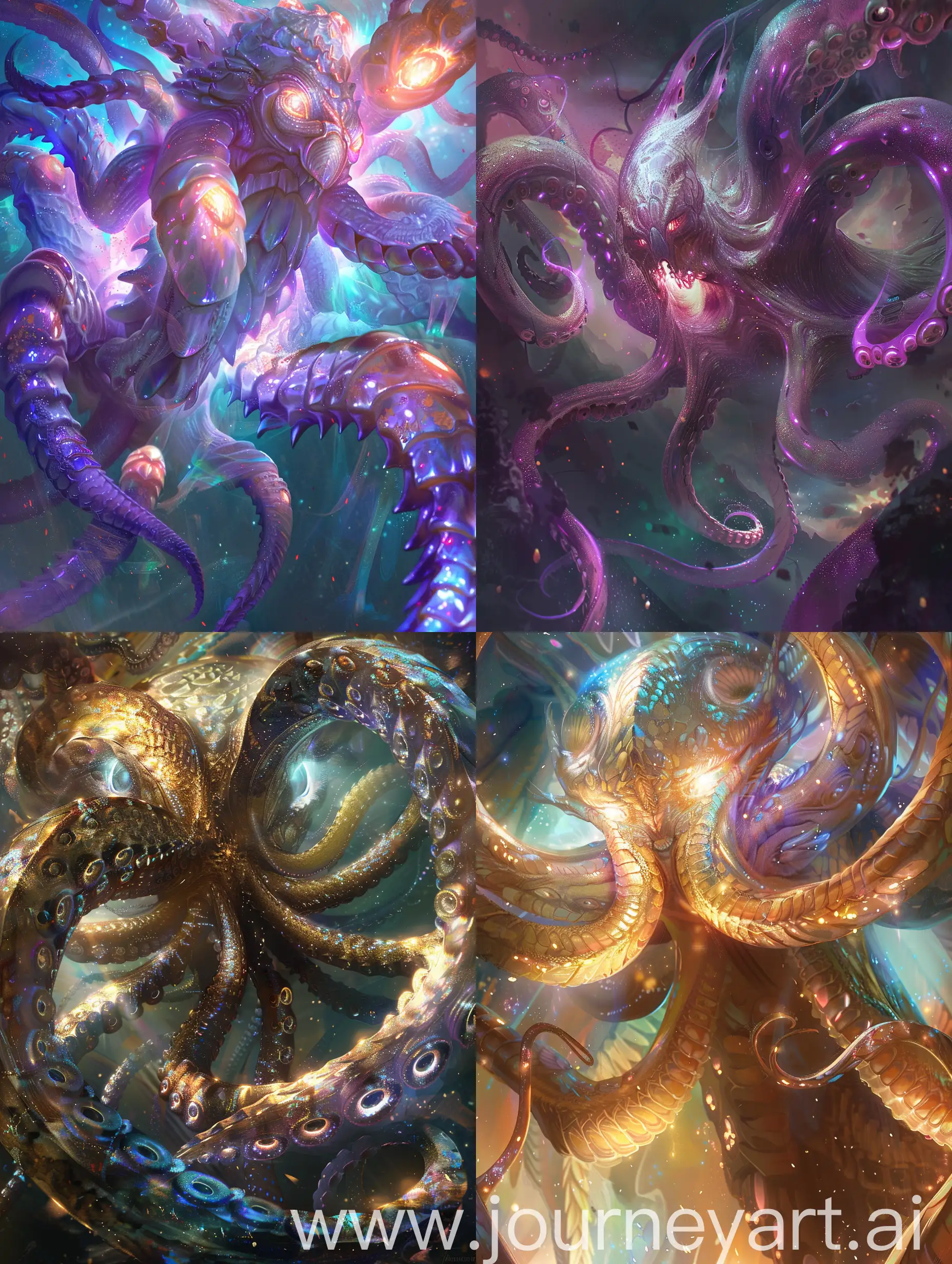 A luminous, pulsating titan with swirling tentacles and iridescent scales, the focal point of this concept art is a massive, otherworldly creature. The image is a digital painting, showcasing intricate details and vibrant colors. The titan's eyes shimmer with ethereal light, while its tentacles writhe with hypnotic grace. Each scale reflects the light in a mesmerizing display, creating an atmosphere of awe and wonder. This high-quality image transports viewers to a fantastical realm filled with mystery and intrigue.