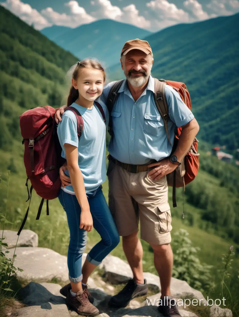 Soviet girl 12 years old with a tourist backpack and a 40-year-old man with a tourist backpack in the mountains, tourists, smile, full-length, coquetry, dynamic poses