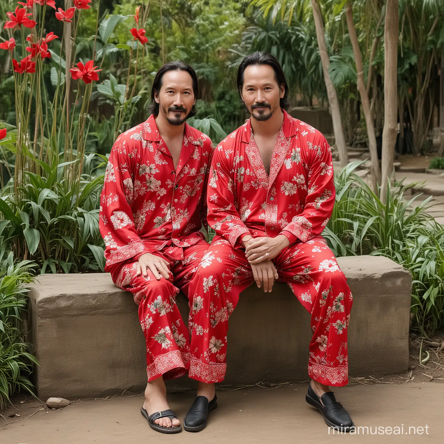 50 year old Indonesian man, standing with Keanu Reeves, dressed in red floral pajamas who is sitting
   at the zoo park.