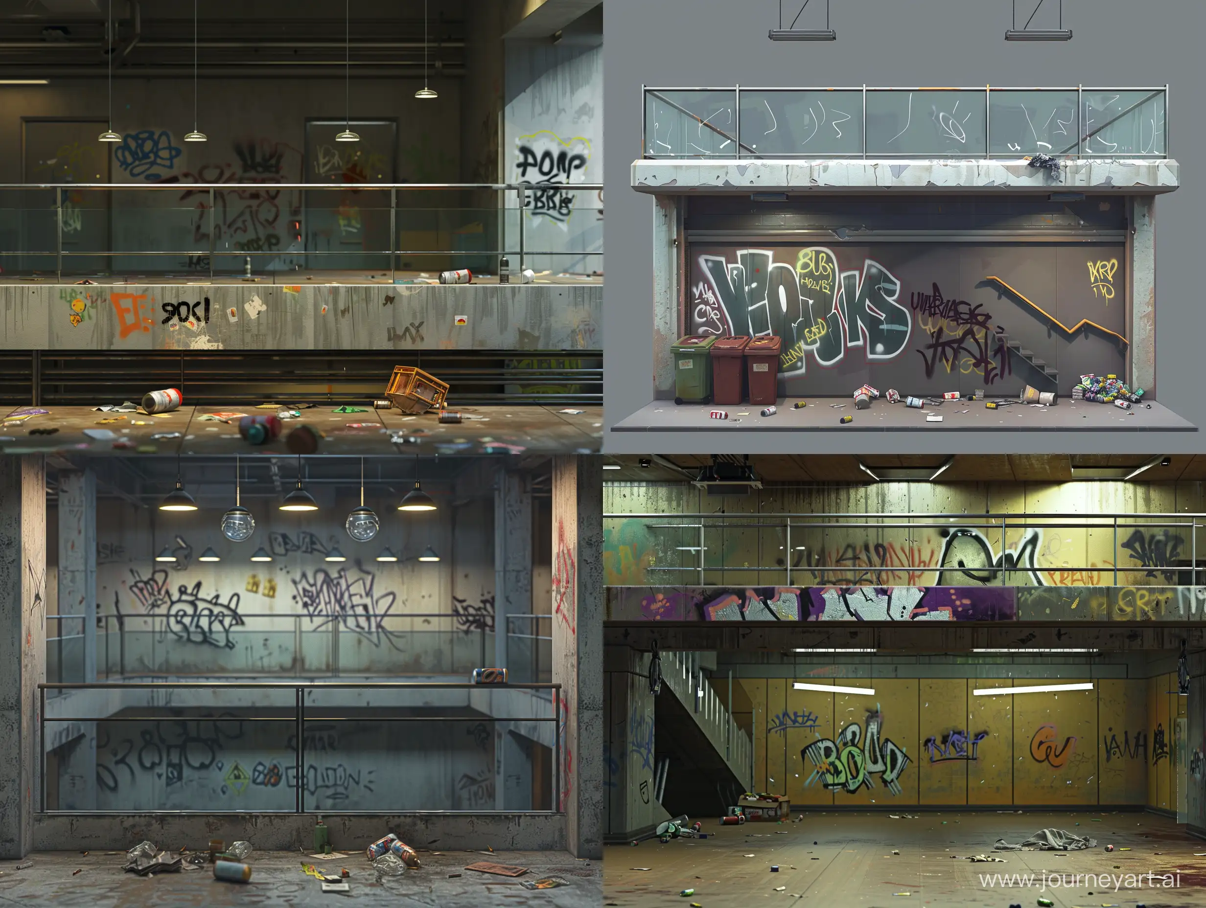 PostApocalyptic-Brutalist-Office-Interior-with-Suspended-Lighting-and-Graffiti