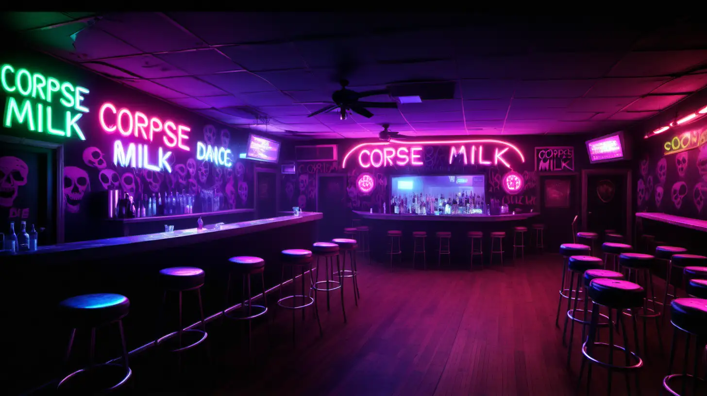 Interior view of a Spooky 80's dance club with neon lights and a bar. The only visible text is one single sign that says "Corpse Milk" in neon lights. Neon skulls.