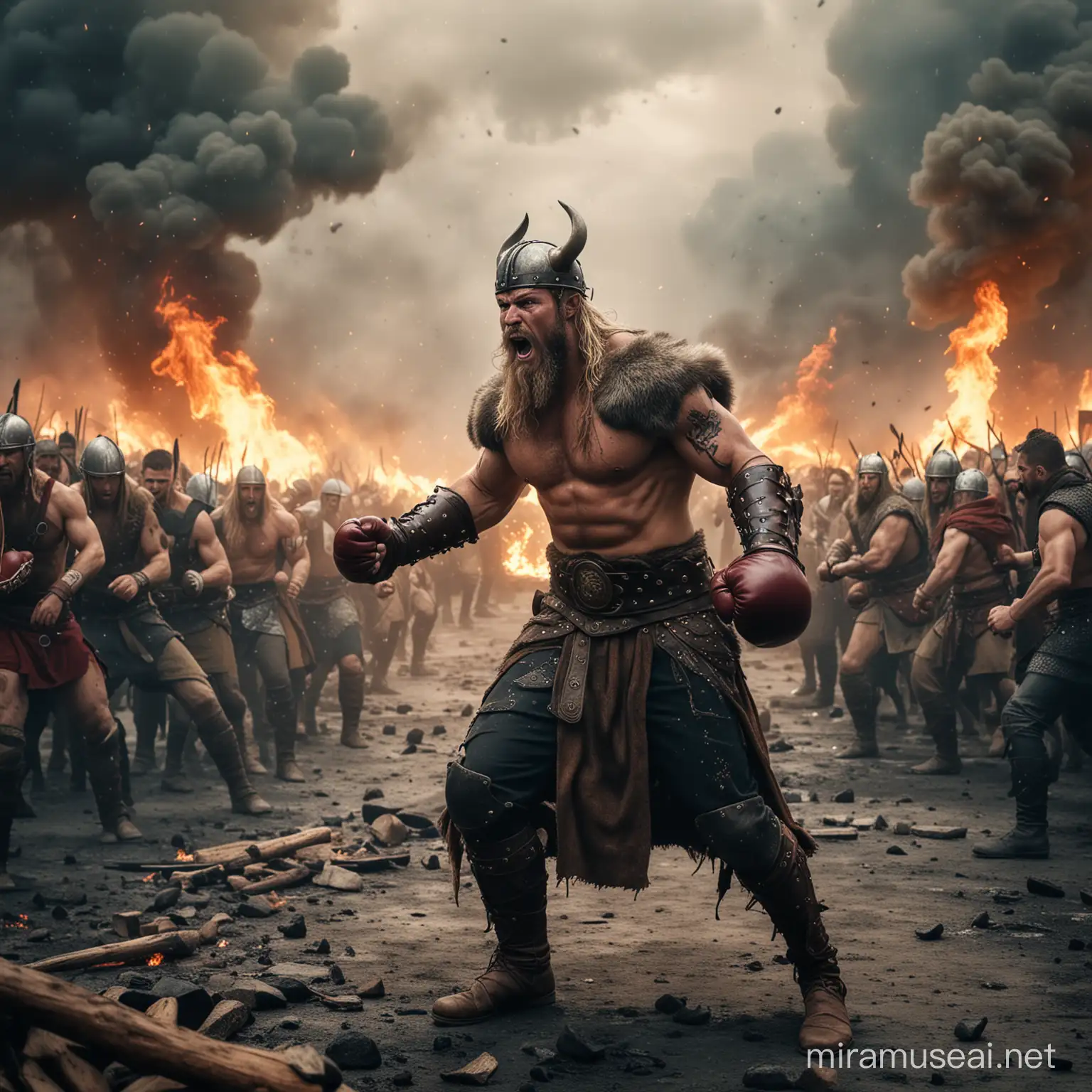 A god Viking fighting in a war with boxing gloves, at the background with fire and thunders, leaving chaos and destructions, while a big crowd of people are following him.