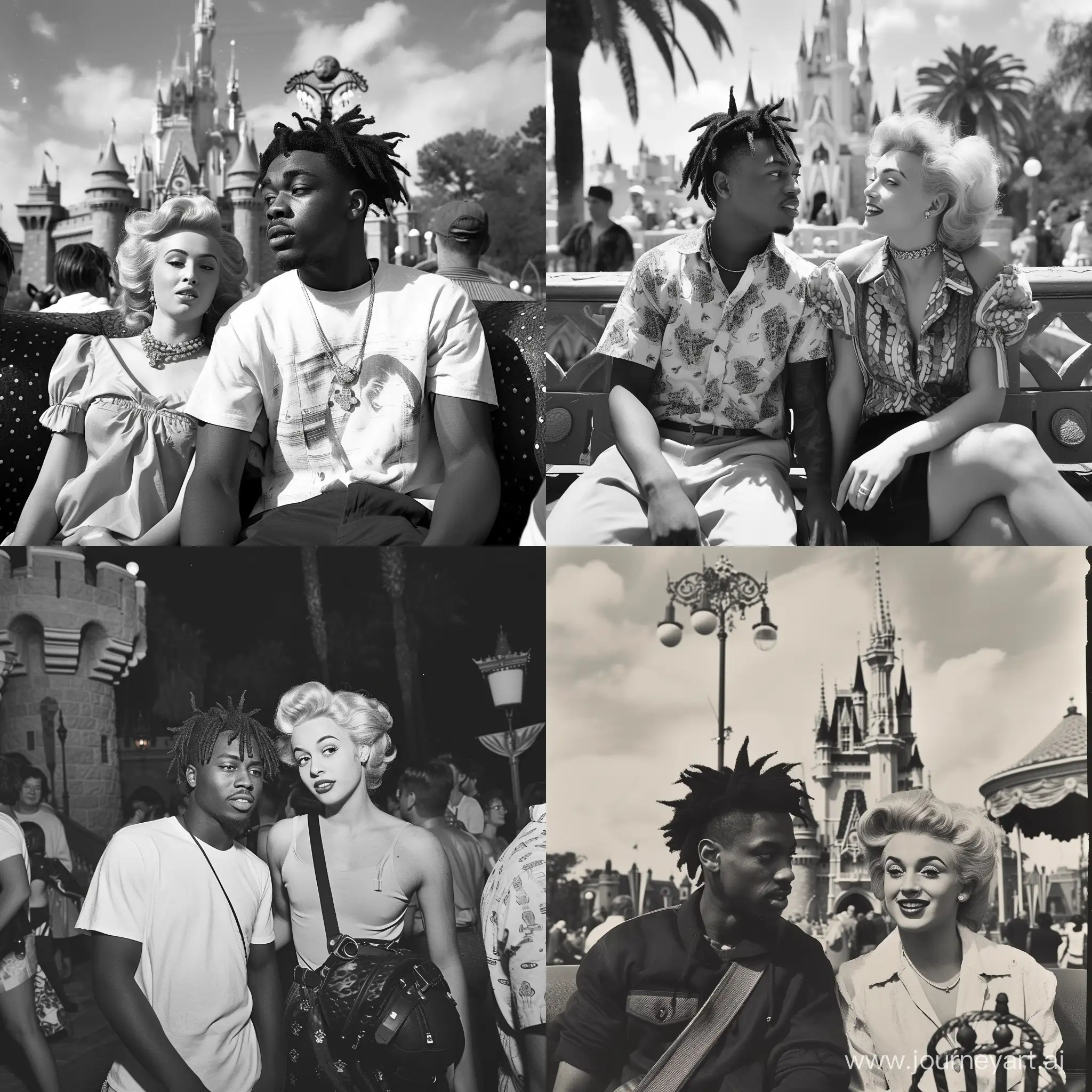 A 1950s Black and White Photograph,of Juice WRLD,With Marilyn Monroe,at Disney World.