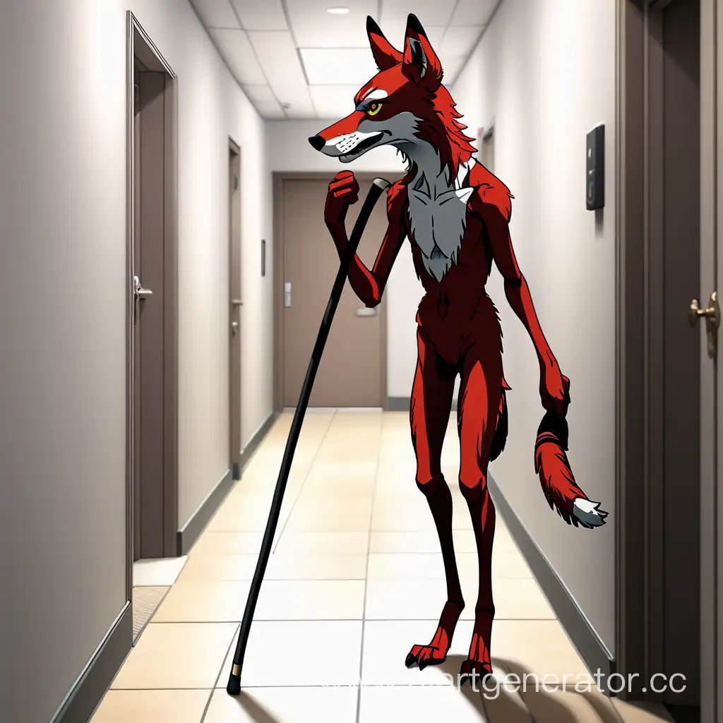 Реалистичный Худой рыжий волк в коридоре держит в пасти трость для хромых, 2d,4k, аниме. #realistic 