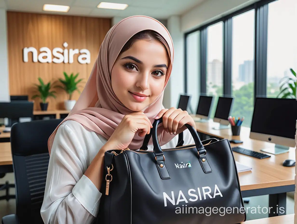 A beautiful Muslim


girl with name 'NASIRA 'is  Witten 
on her bag .she sit in her it office  office background is just like IT environment
