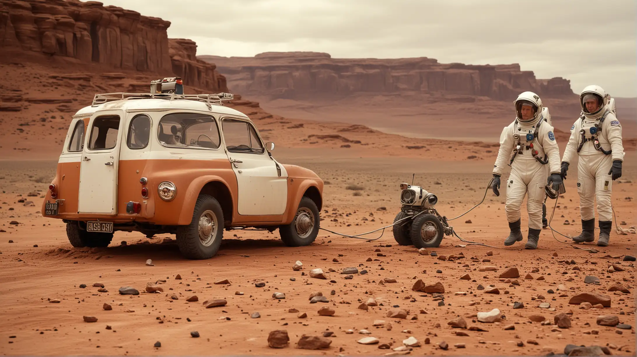 Mars Exploration Astronauts Towing Vintage Ford Anglia and Lander