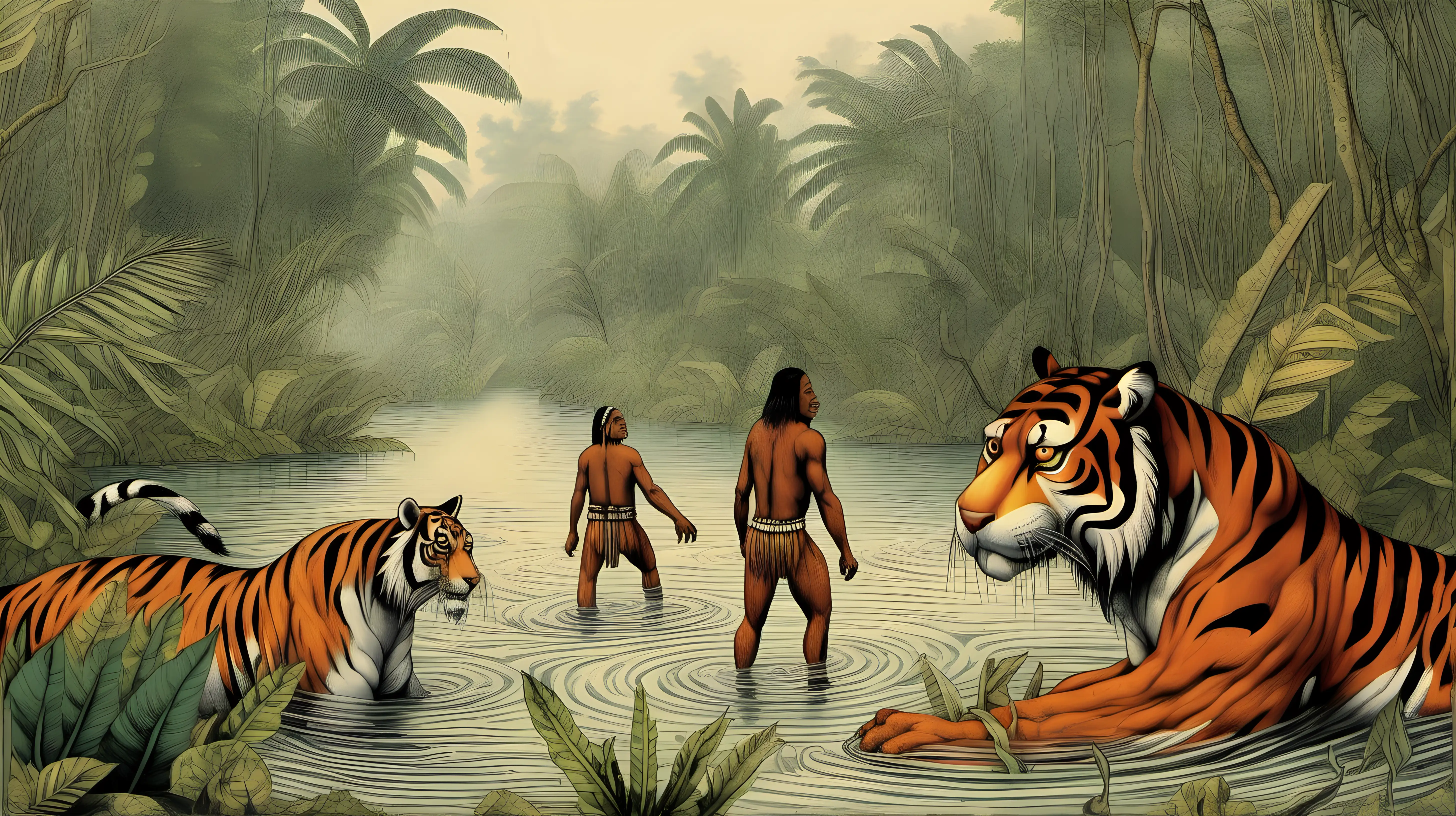 in the Amazon river speaking with an indigenous shaman who is part tiger and part human. More tigers swim in the river behind them. It is raining and the scene is very humid, they're surrounded by wet jungle. In the style of theodore de bry without any text captions.