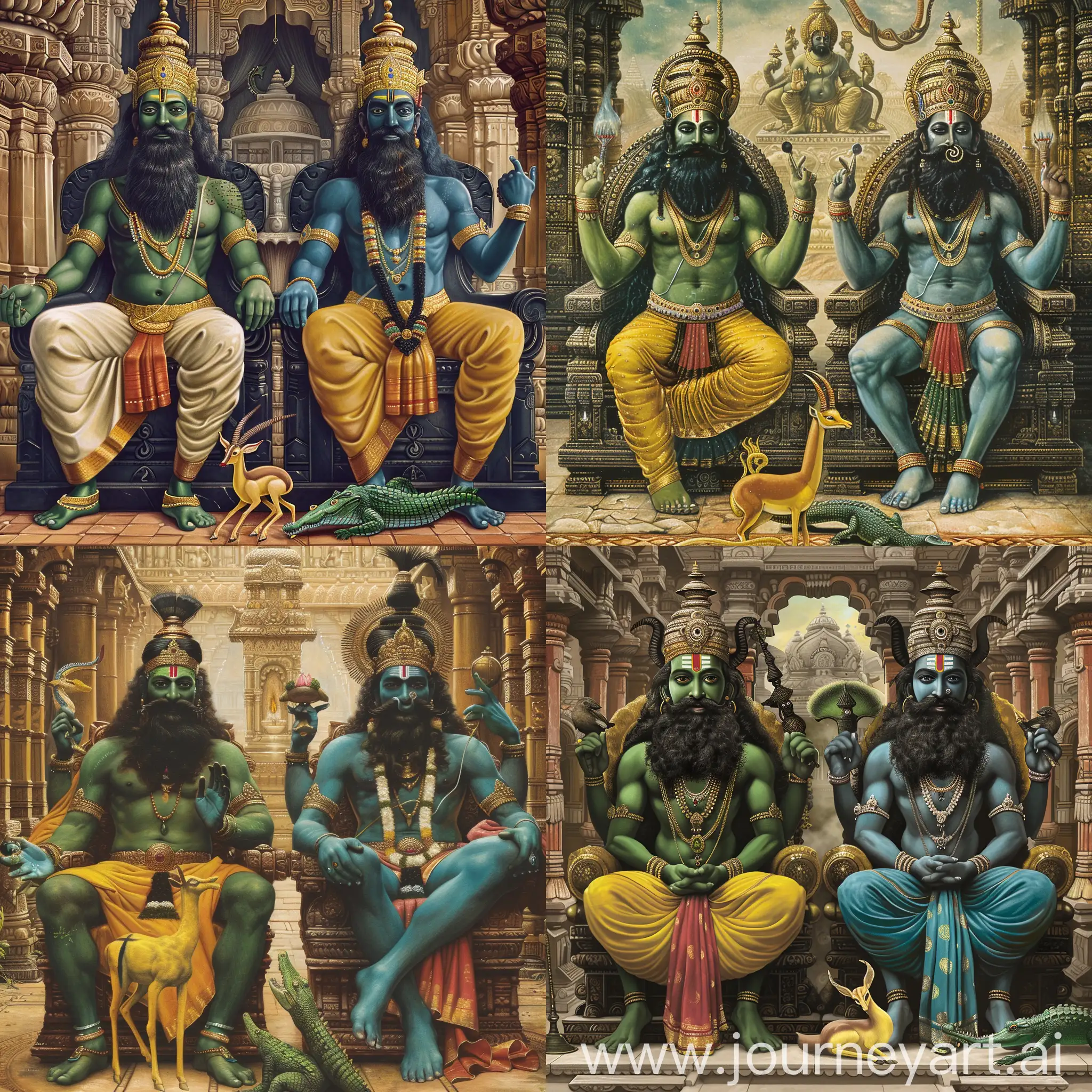 two Hindu gods with black beards are sitting on their thrones,

Vayu is the left one with green skin,

Varuna is the right one with blue skin,

a small yellow gazelle and a small deep green crocodile are before the two gods,

they are all inside a splendid Hindu temple,