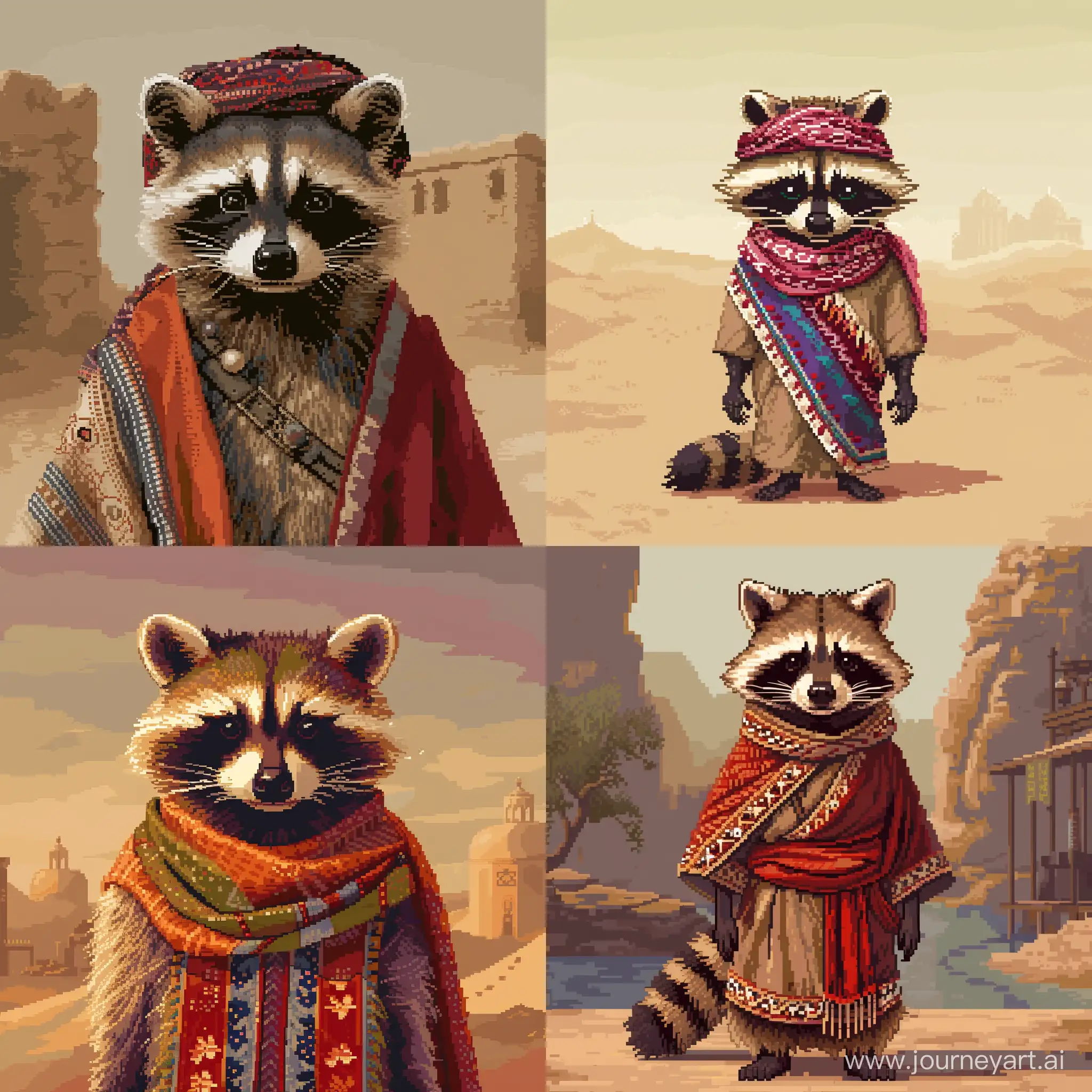 A pixel raccoon in Arab clothes