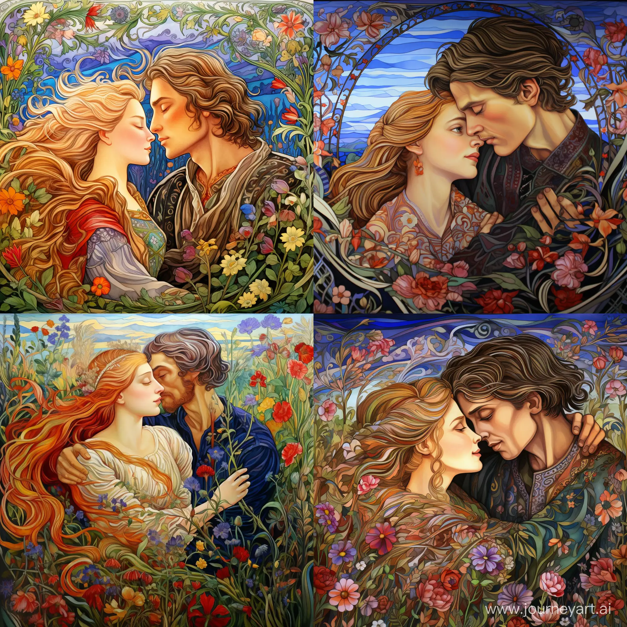 Russian Russian Russian Russian folklore, a couple of lovers imagines the embodiment of loving tenderness in the arms of a man and a woman, the wind blows their hair in a floral whirlwind against the background of a Russian field, detailed drawing, growth, illumination, clear contour, in the style of ancient paintings, Russian painting, colorful brushstrokes