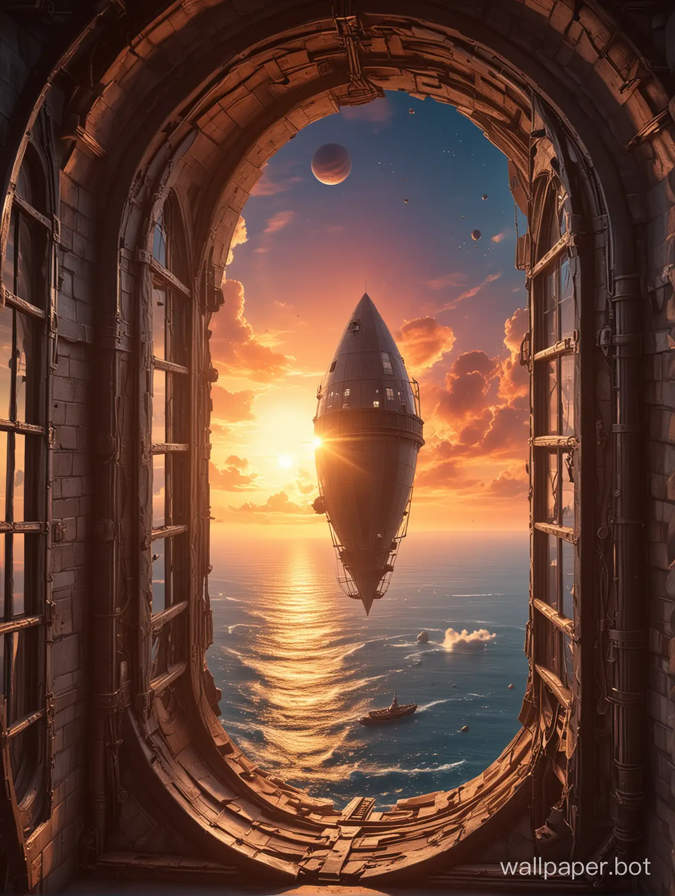 A narrow window into a fantastic space with a planet. fantastic tower against sunset background. There is an airship with sails in the sky. High resolution. Very definition.  sci-fi. Anime. Steampunk.