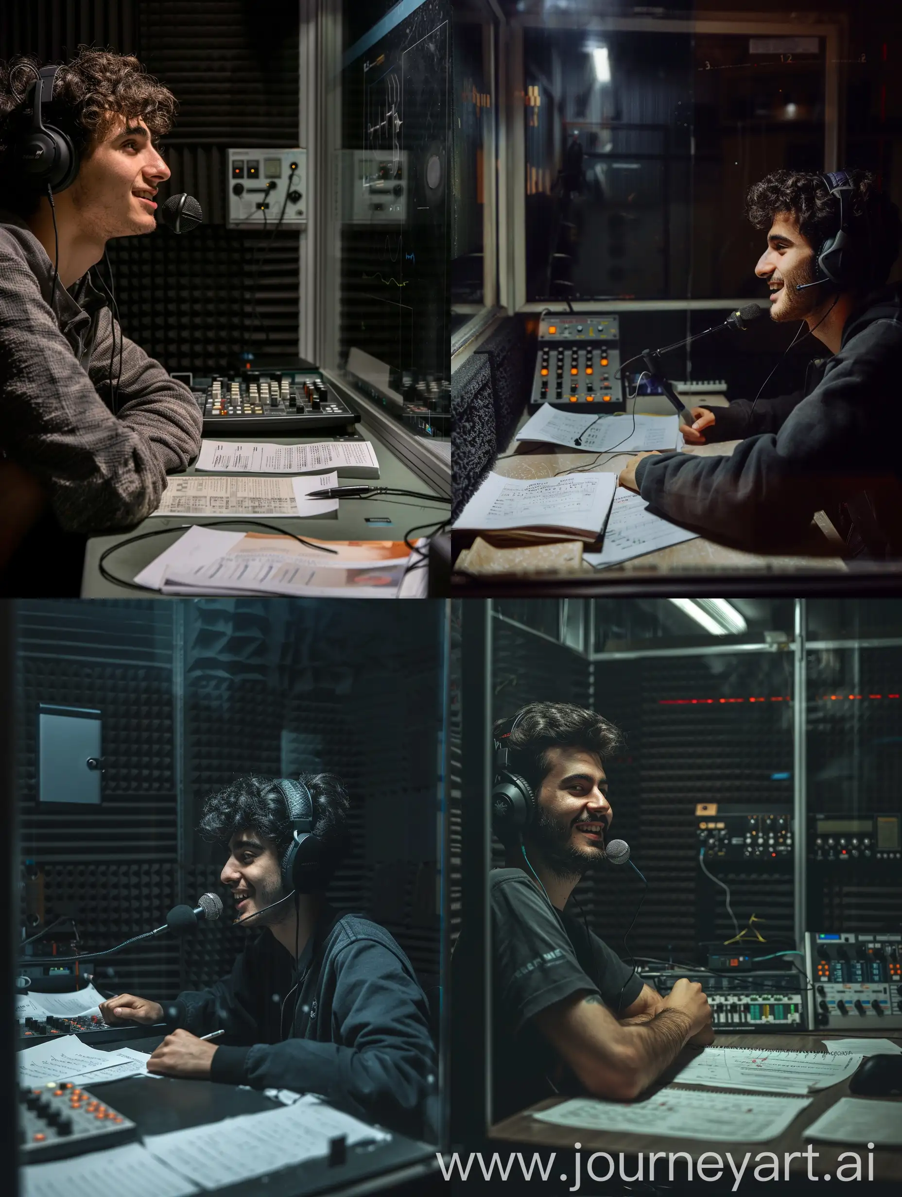 Profile close-up with dark atmosphere of a young male Italian radio speaker speaking into the microphone, in his small radio broadcast room. The room is very small and empty and the walls are covered in sound-absorbing material. The speaker has an amused face, is wearing a pair of headphones and has his arms resting on the table. Next to him there are some sheets of notes and a small audio mixer. In front of him there is a large glass window that divides the room from the control room. The speaker has a friendly face and looks sideways towards the camera. The photo is in color