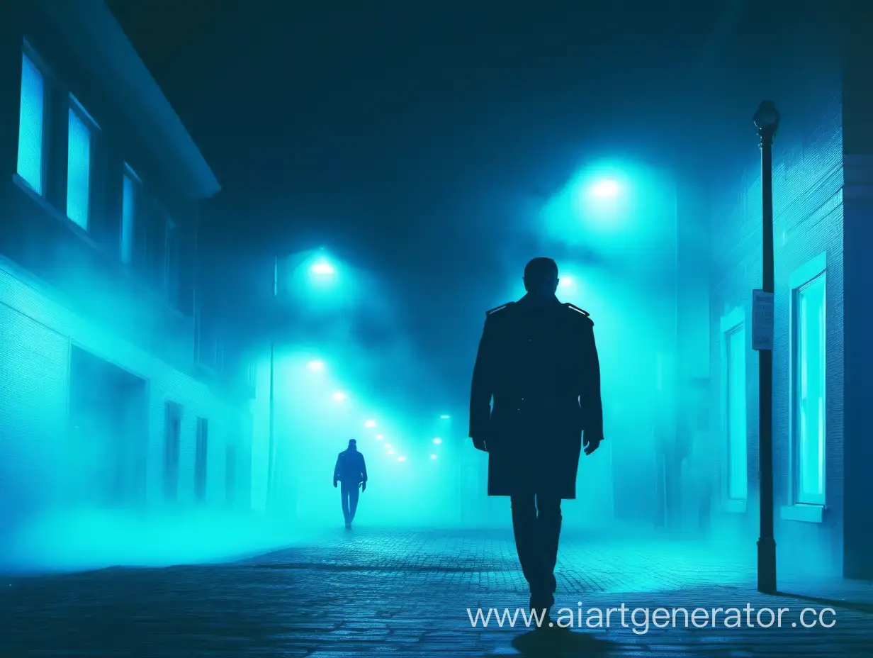 Загадочный человек идет по городу. Освещение туман. Синий неон на зданиях. Взади полиция