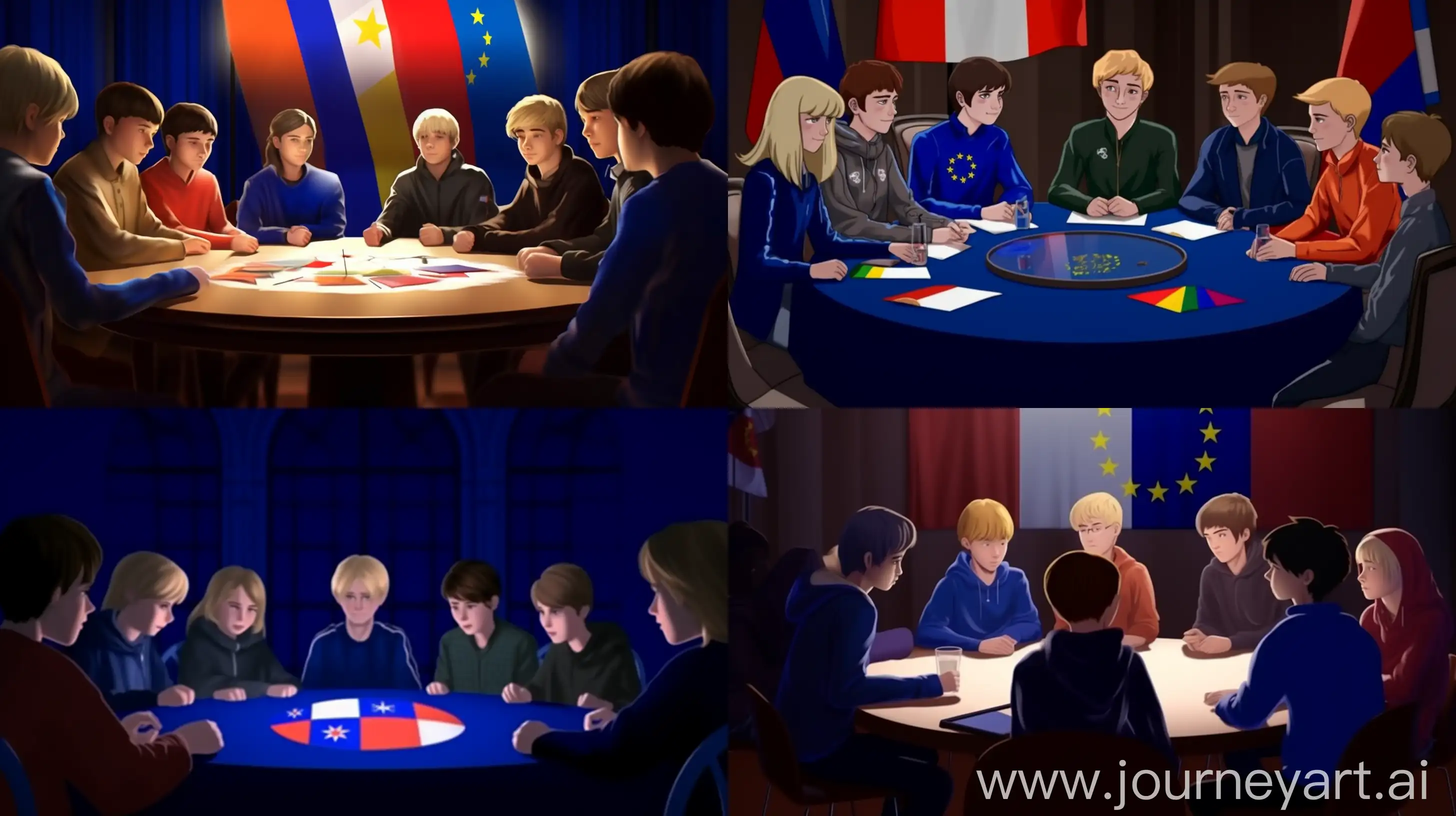 Сцена, где светловолосый 17-летний парень в синем пальто сидит за круглым столом, за которым так же сидят на своих местах пять подростков. На столе у каждого флаг России и Европейского союза. Освещение мягкое. Изображение должно быть реалистичным. --ar 16:9 --v 5 --q 2
