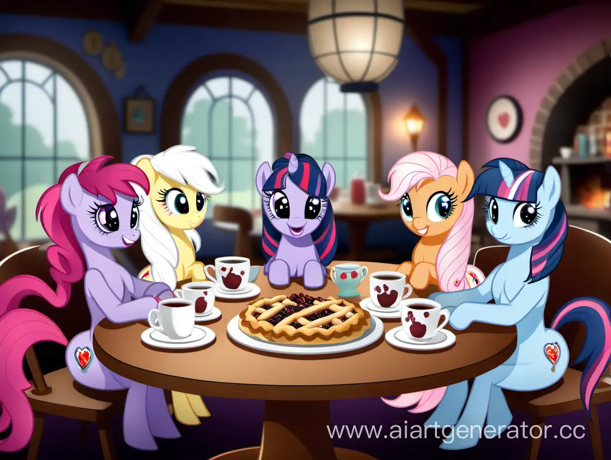 Пони из мультика My Little Pony сидят за столом, беседуют и пьют чай с пирогом в ламповой атмосфере