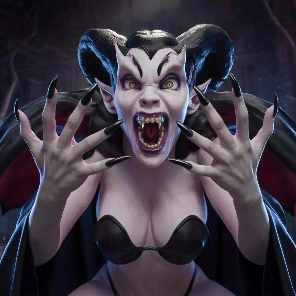 Photorealism of a monstruos female vampire with long pointed black nails, she aggressive attack, pointed crocked teeth scary expression, dark atmosphere, high quality, photorealistic, terrifying, aggressive,scary predator fangs, detailed nails, horror, atmospheric lighting, full body, realistic hyper - detail, playful character designs, full anatomical. human hands, very clear without flaws with five fingers