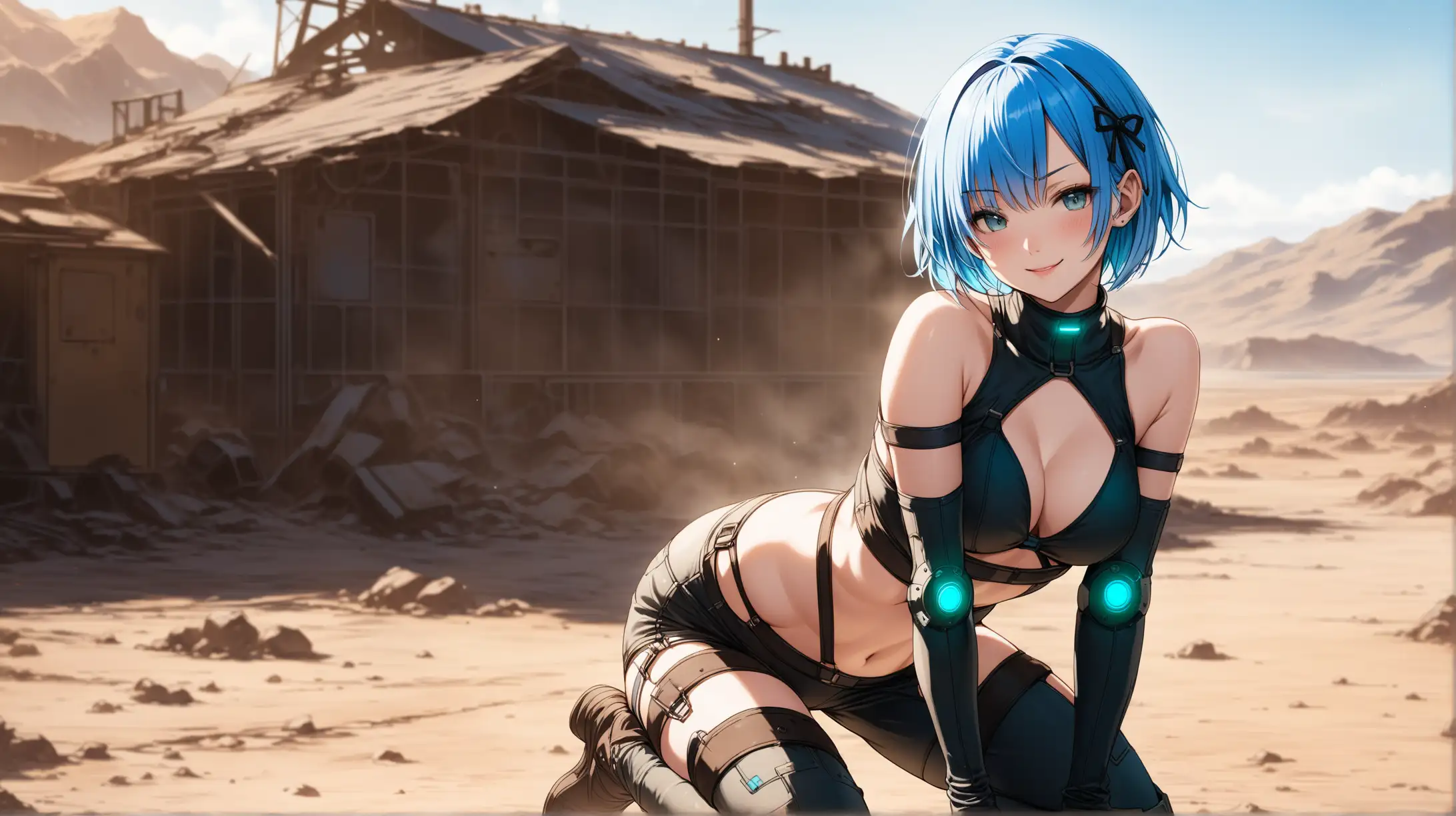 Draw the character Rem, high quality, outdoors, natural lighting, in a seductive pose, wearing an outfit inspired from the Fallout series, smiling flirtatiously at the viewer