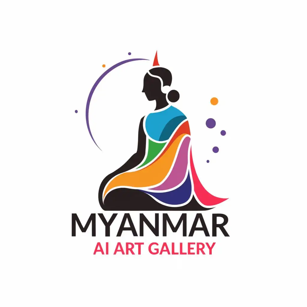 a logo design,with the text "MYANMAR AI ART GALLERY", main symbol:Silhouette Abstract Burmese woman with Bagan traditional dress and hair style sitting and posing attractively on the background of colorful Burmese traditional floral circle , side shot,Minimalistic,clear background