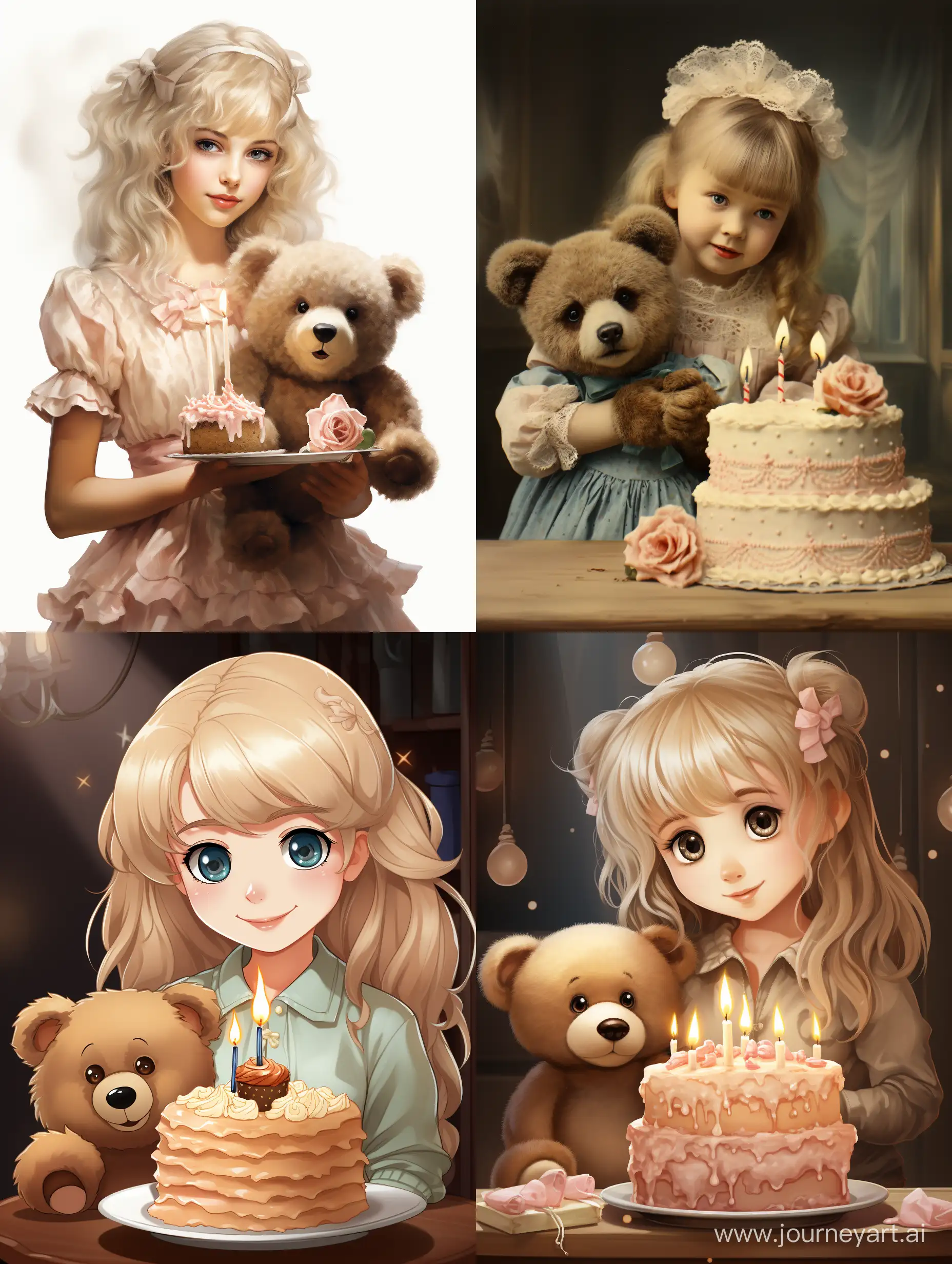 Teddy bear brings a birthday cake to a blond woman with green eyes --s 600 --style raw