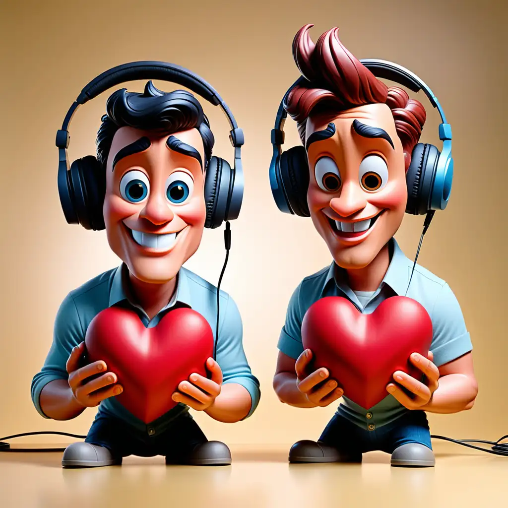 Two male hearts that look like Disney made them with headsets sits in a studio making a podcast about love. They Are both male and They look like Disney characters and the picture looks like a logo for the podcast. 