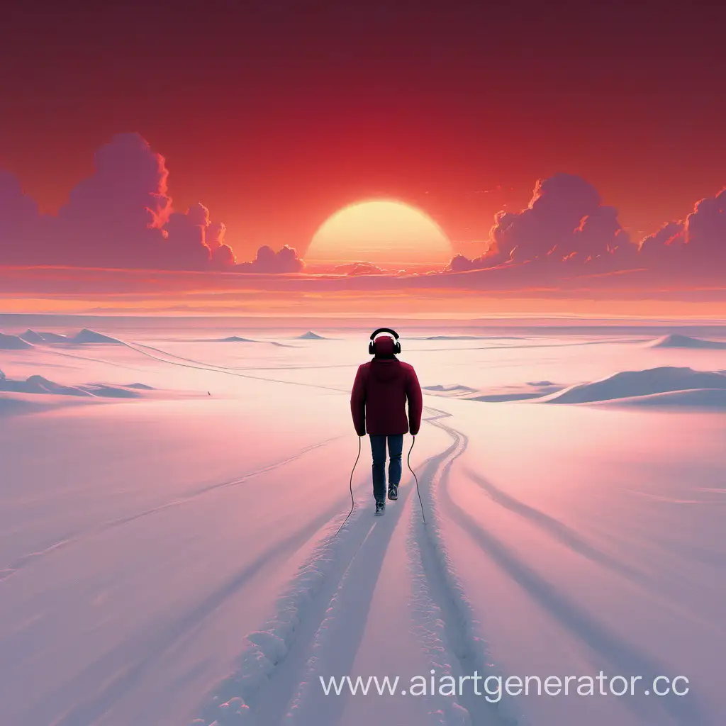 Silhouetted-Figure-in-Headphones-Walking-Across-a-Snowy-Plain-at-Sunset