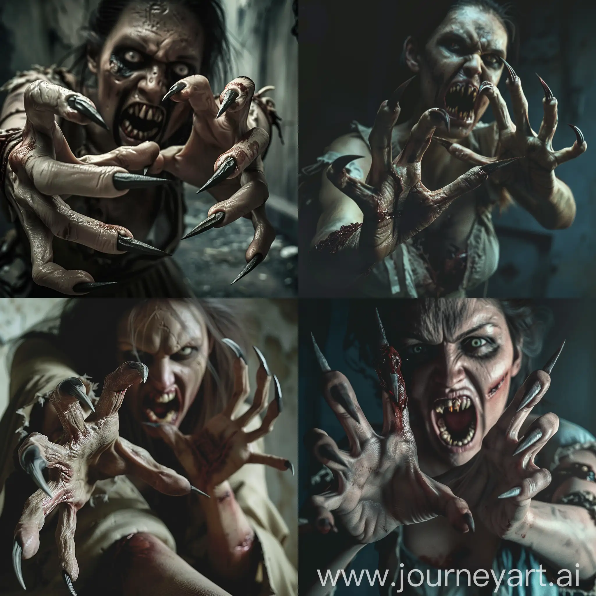 A gruesome zombie scene: a woman who approaches her victim, sharp claws on each of her five fingers on her hand, her mouth open revealing sharp teeth resembling fangs, she is dressed in torn clothes, she stretches out her vile hands to attack. hyper-realism, cinematic, high detail, photo detailing, high quality, photorealistic, terrifying, aggressive, bloodlust, sharp fangs, dark atmosphere, realistic, detailed nails, horror, atmospheric lighting, full anatomical. human hands, very clear without flaws with five fingers