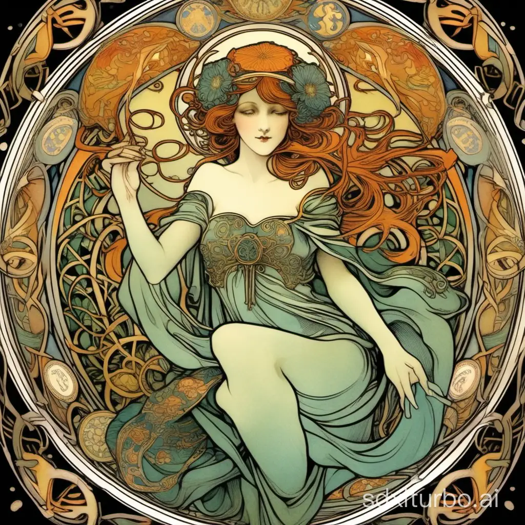 Mucha’s style, pure color and black; colorful; Cancer; tarot card form