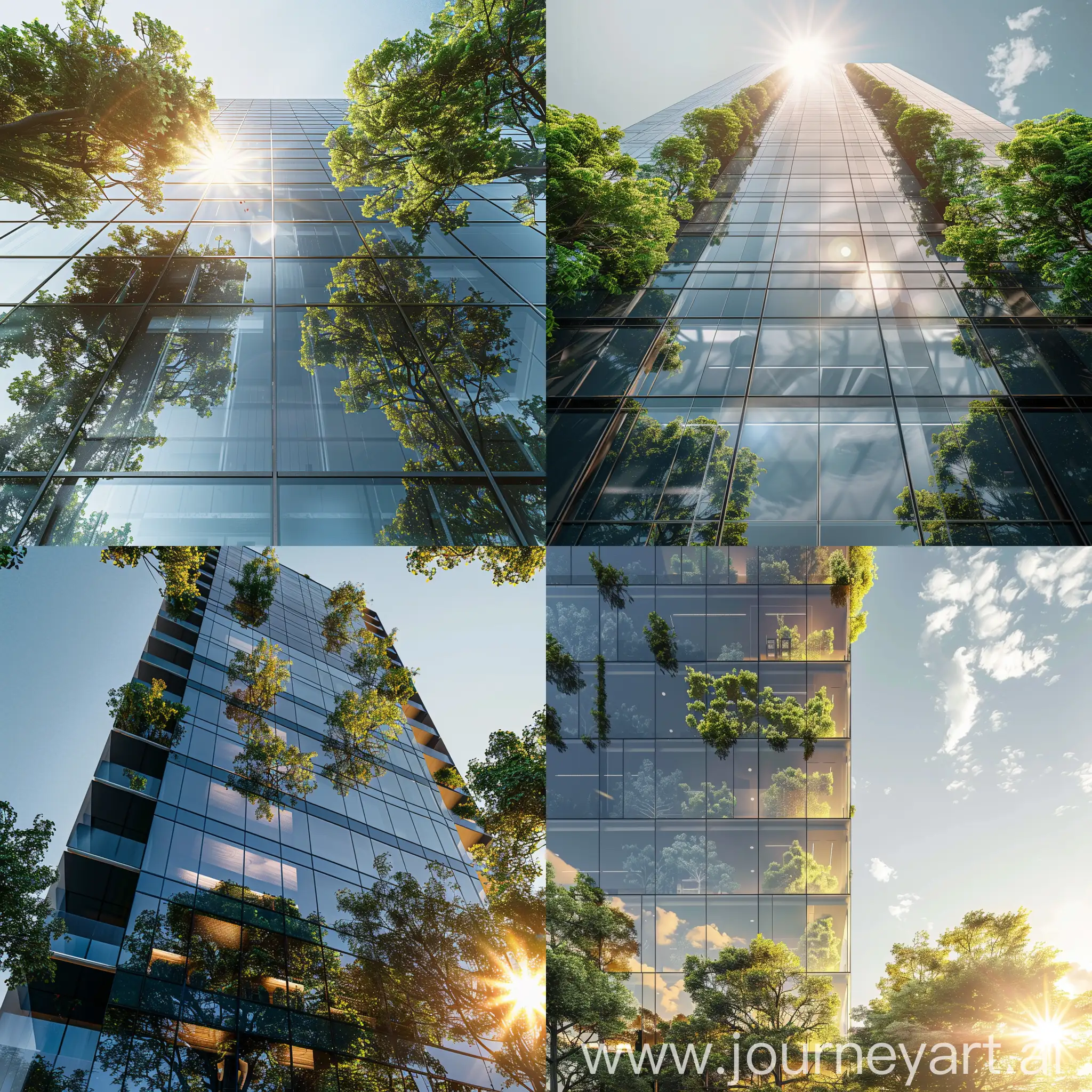 modern high-rise building with a glass facade in which trees and the sun are reflected - stylize 250