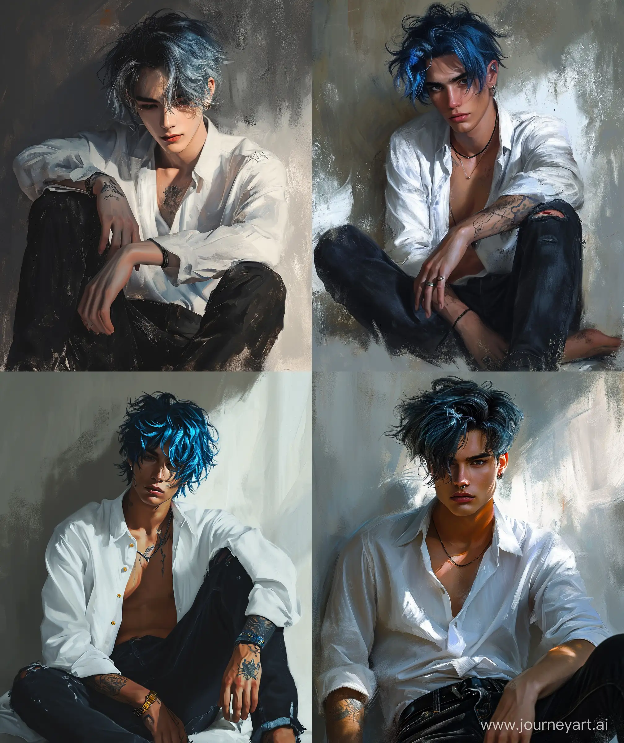 Handsome male, anime digital painting oil painting style, blue medium size hair, white shirt, and, photoshoot, stylish, black jeans, sit on ground, fashion studio photography, cinematic light, laminating, handsome ,hot looking, piercing, , --ar 27:32 --v 6.0