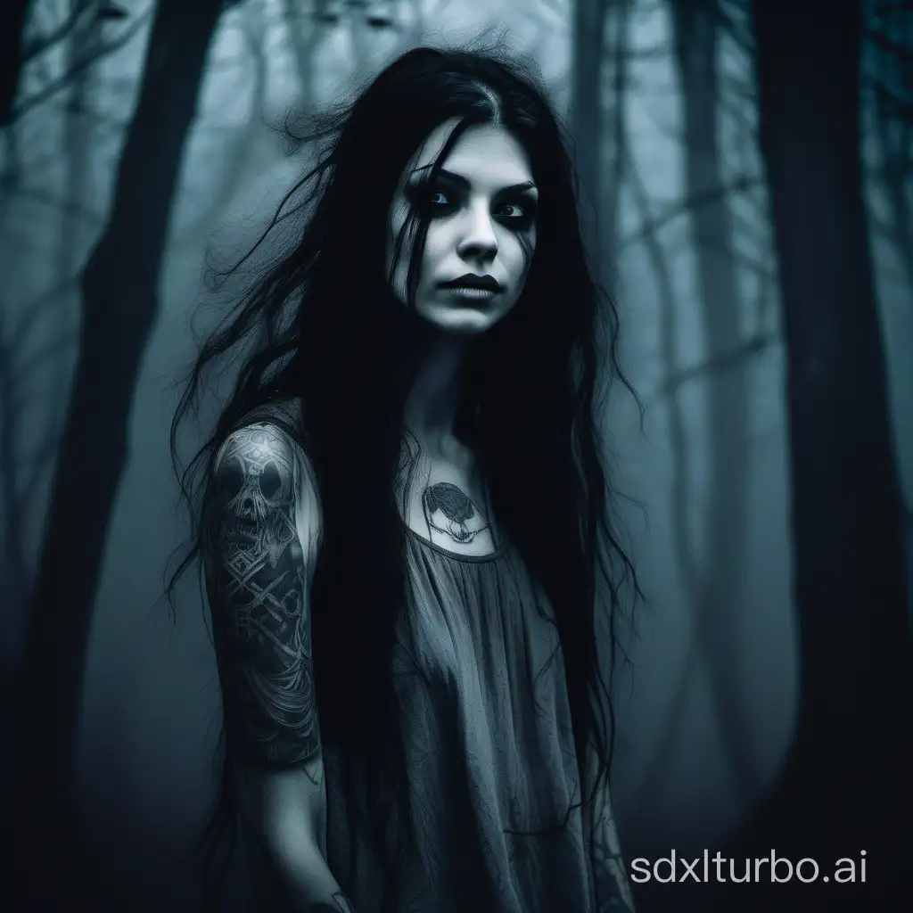 In the eerie, mist-shrouded woods at night, there stands a petite, barefaced 25-year-old woman. Her pale complexion contrasts sharply with her long, black slightly disheveled hair and dark brown eyes. She bears black and grey artistic tattoos that adorn her skin. As the moonlight gently veils one of her eyes, she laugh maniacal.