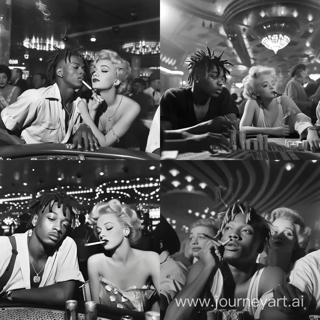 A 1950s Black and White Photograph,of Juice WRLD,in a Casino with Marilyn Monroe Smoking.