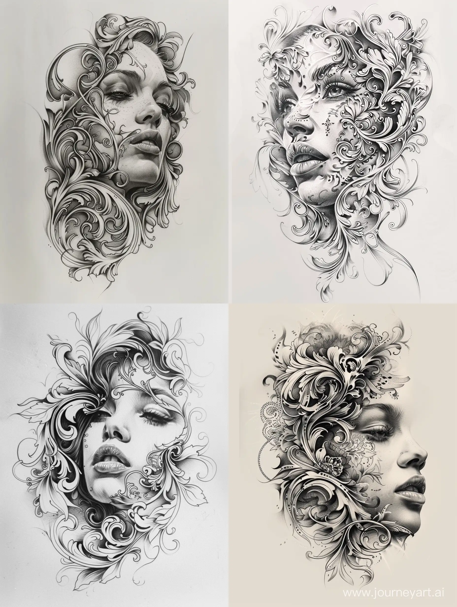 tattoo sketch, black and grey, woman face :filigree Coming out: and filigree surrounded, harmonic composition.