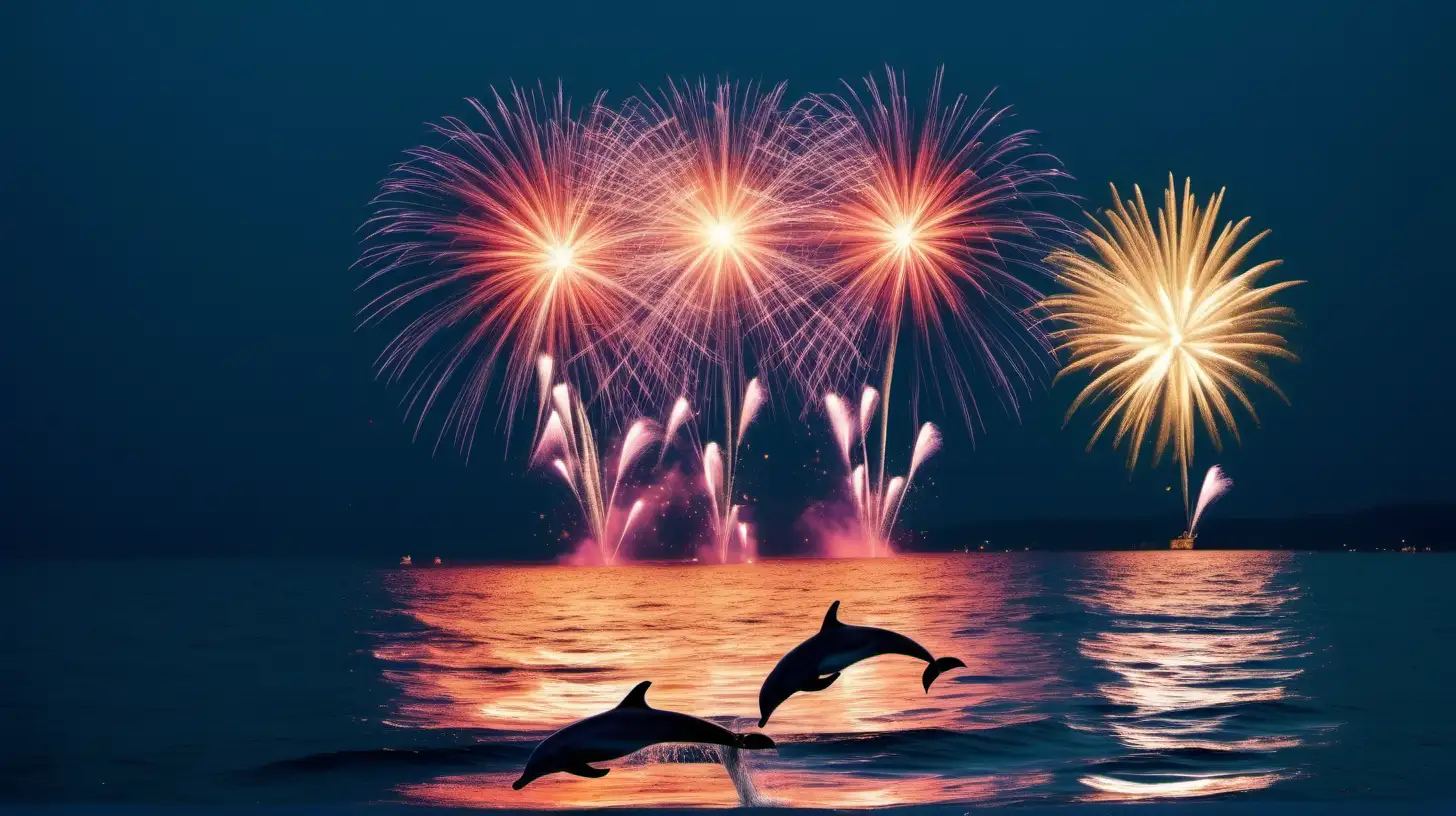 Dolphins in the sea watching on the coast a lot of celebrating people with champagne and confetti, In the sky A large number of New Year's Eve fireworks, all over the sky, colorful, jubilant, breathtaking, dynamic, high contrast,


