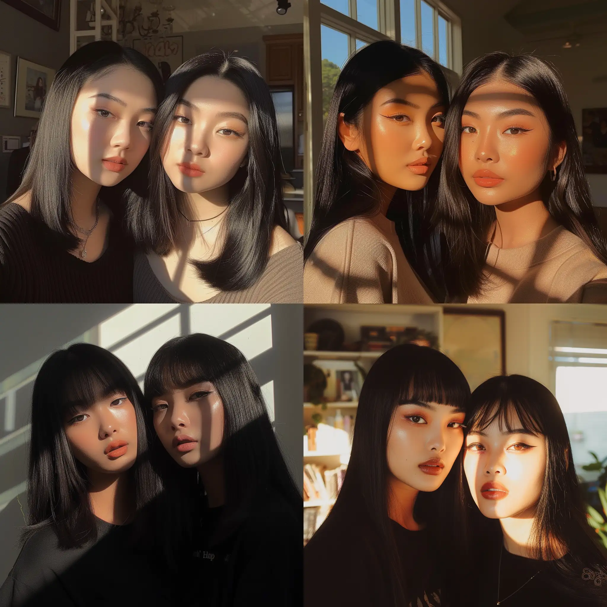Two girls with straight black hair in a sunlit room aesthetic instagram pfp Asian makeup