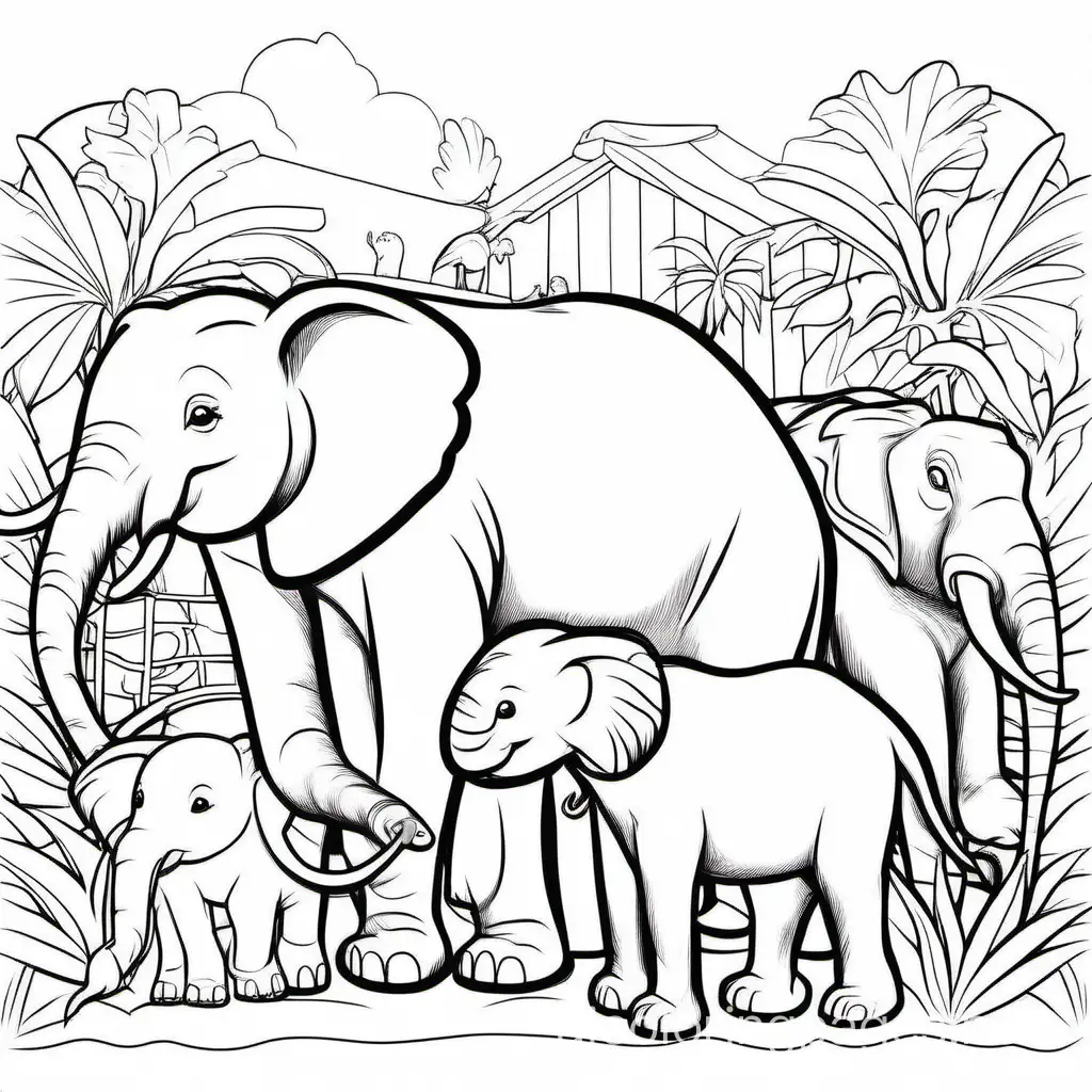 Zoo animals, Coloring Page, black and white, line art, white background, Simplicity, Ample White Space. The background of the coloring page is plain white to make it easy for young children to color within the lines. The outlines of all the subjects are easy to distinguish, making it simple for kids to color without too much difficulty
