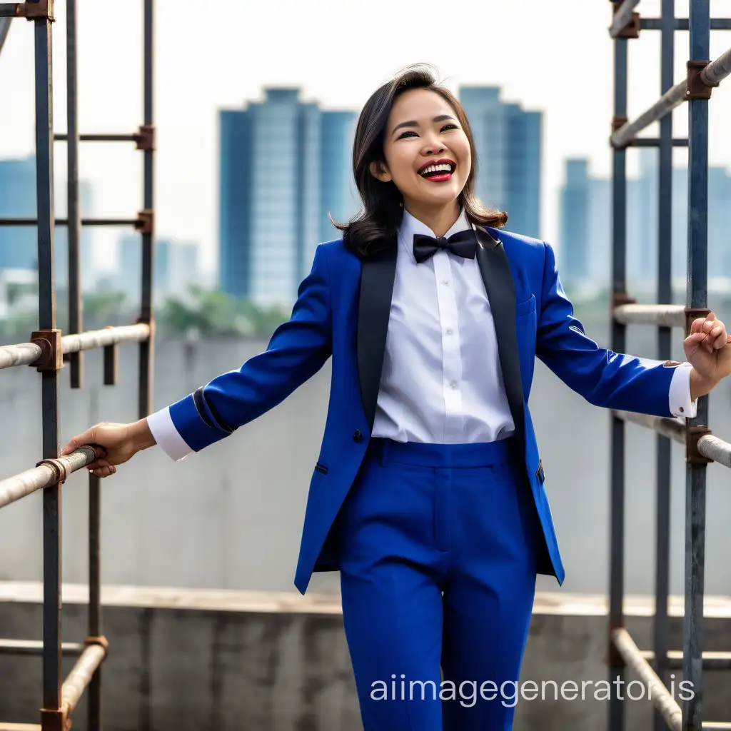 portrait of a sophisticated and confident Vietnamese woman with shoulder length hair and lipstick wearing a cobalt blue tuxedo with a white shirt with cufflinks and a black bow tie, (black pants), folding her arms, laughing and smiling.  She is standing on a scaffold facing forward.  You can see her cuffs with cufflinks. No blue pants.