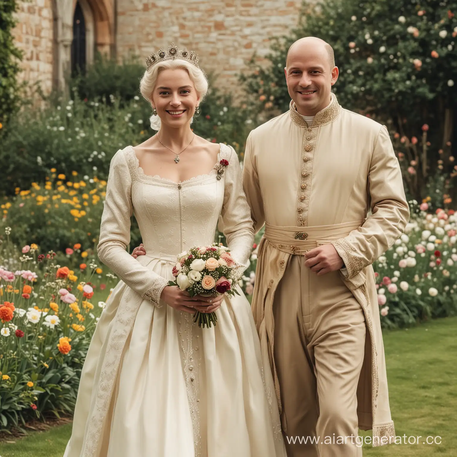 The Middle Ages, the king and the queen on a walk in the garden. The king puts his arm around his queen's waist, the queen has a small bouquet of flowers in her hands. The king and the queen look directly into the camera and smiling slightly. The king is bald