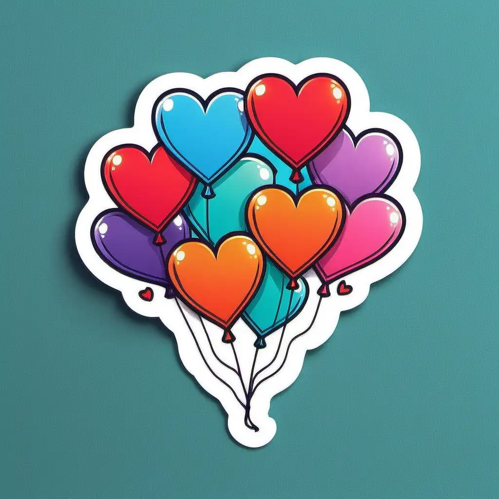 Whimsical sticker with heart-shaped balloons in vibrant colors
