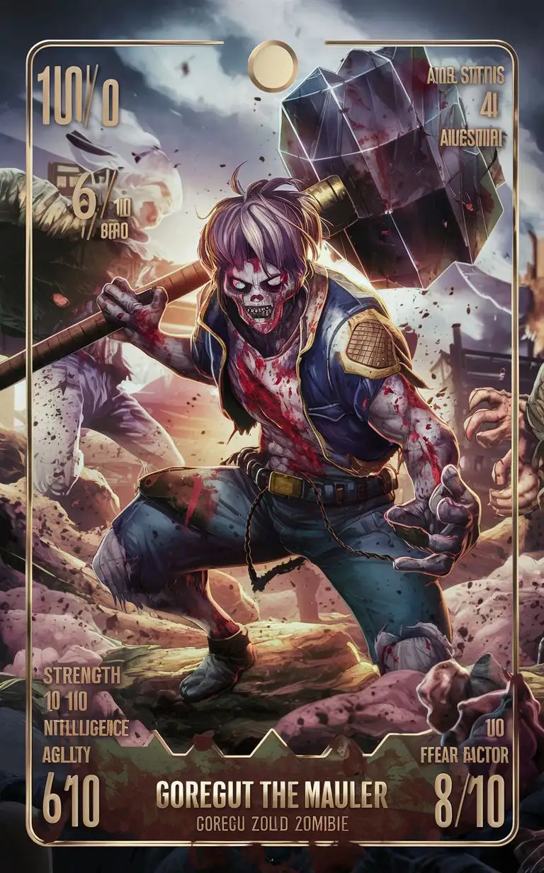 complex border add bold text""Goregut the Mauler"" complex zombie apocalypse limited gold card include name "Goregut the Mauler" anime card include stats"Strength: 10/10""Speed: 6/10""Agility: 4/10""Intelligence: 2/10""Fear Factor: 8/10" premium 14PT card stock authenticated breathtaking 8k 16k zombie apocalypse visuals--chaos 90 --testpfx