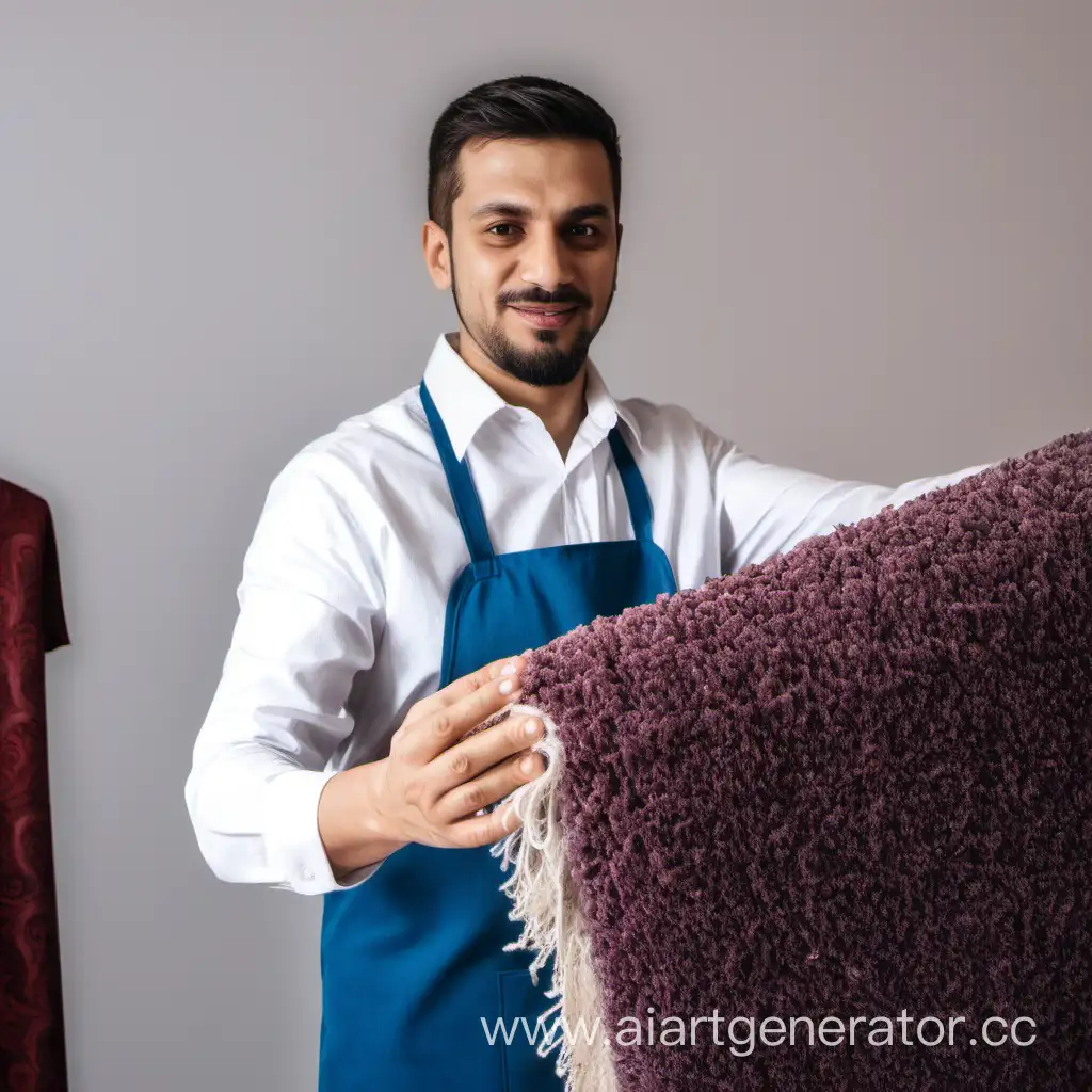 a man - a dry cleaning worker - holds a carpet in his hands.