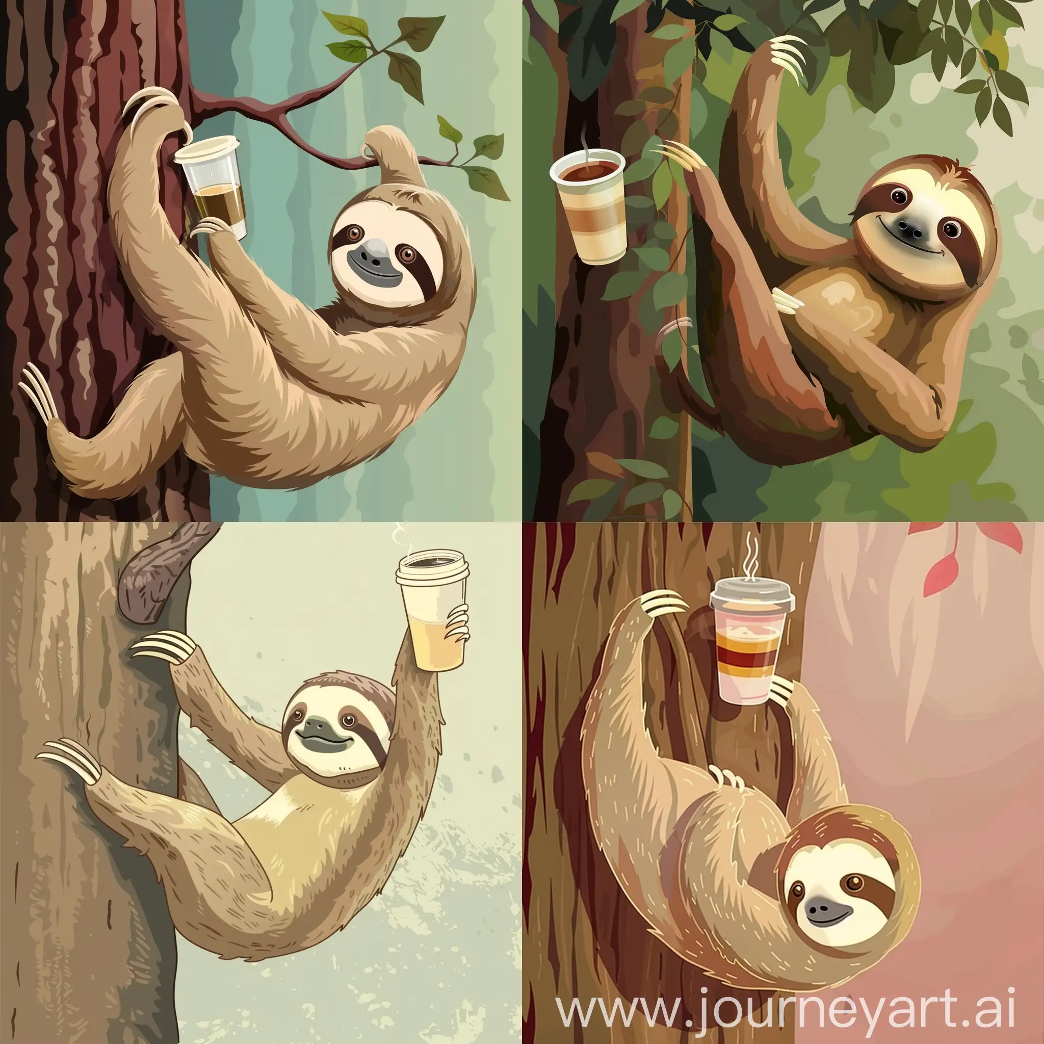 a cute sloth is hanging on a tree and holding a plastic cup of coffee, in cartoon vector style, high quality details