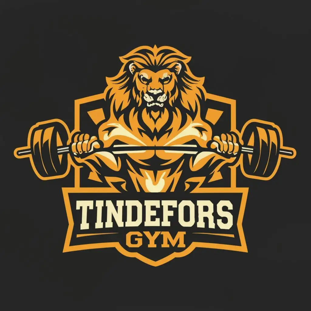 LOGO-Design-For-Tindefors-Gym-Powerful-Lion-Emblem-with-Barbell-Motif